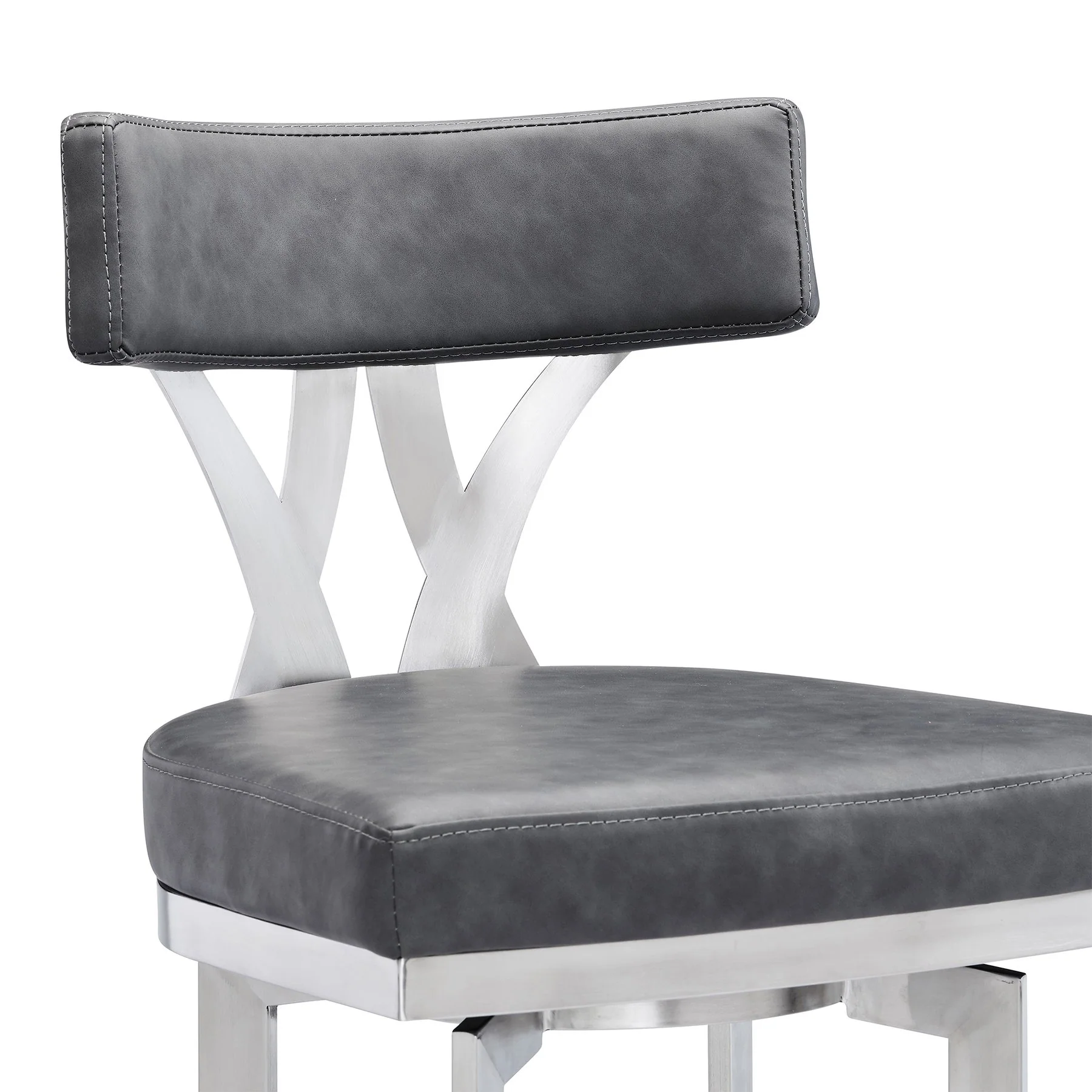 Natalie 30" Bar Height Vintage Gray Faux Leather Upholstery and Brushed Stainless Steel Bar Stool - Image 4