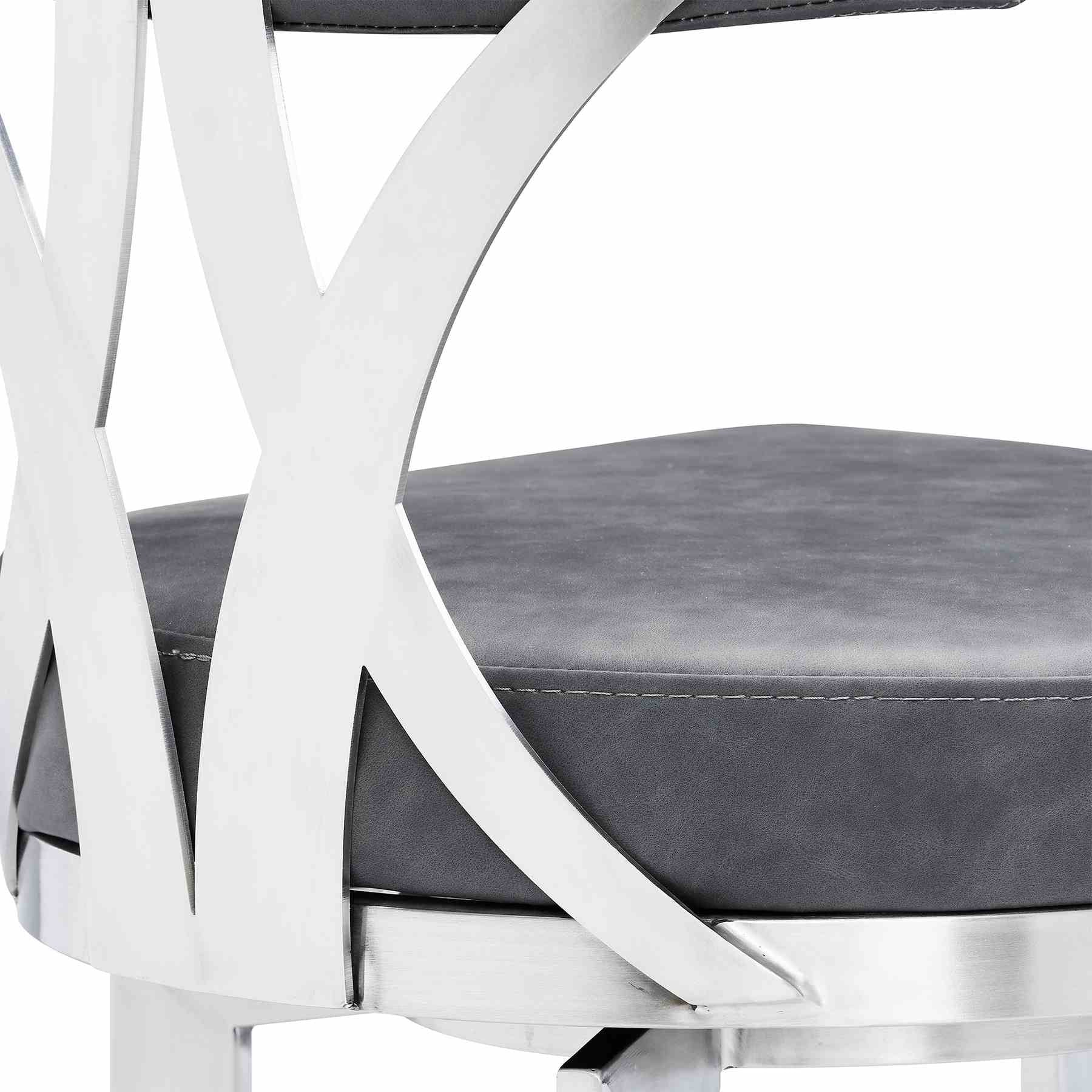 Natalie 30" Bar Height Vintage Gray Faux Leather Upholstery and Brushed Stainless Steel Bar Stool - Image 6