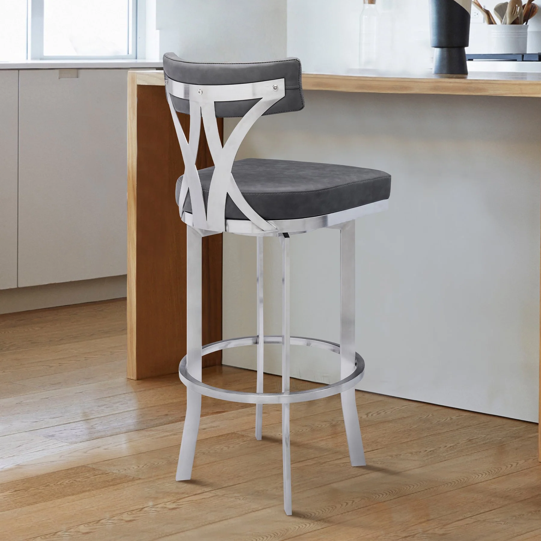 Natalie 30" Bar Height Vintage Gray Faux Leather Upholstery and Brushed Stainless Steel Bar Stool - Image 8