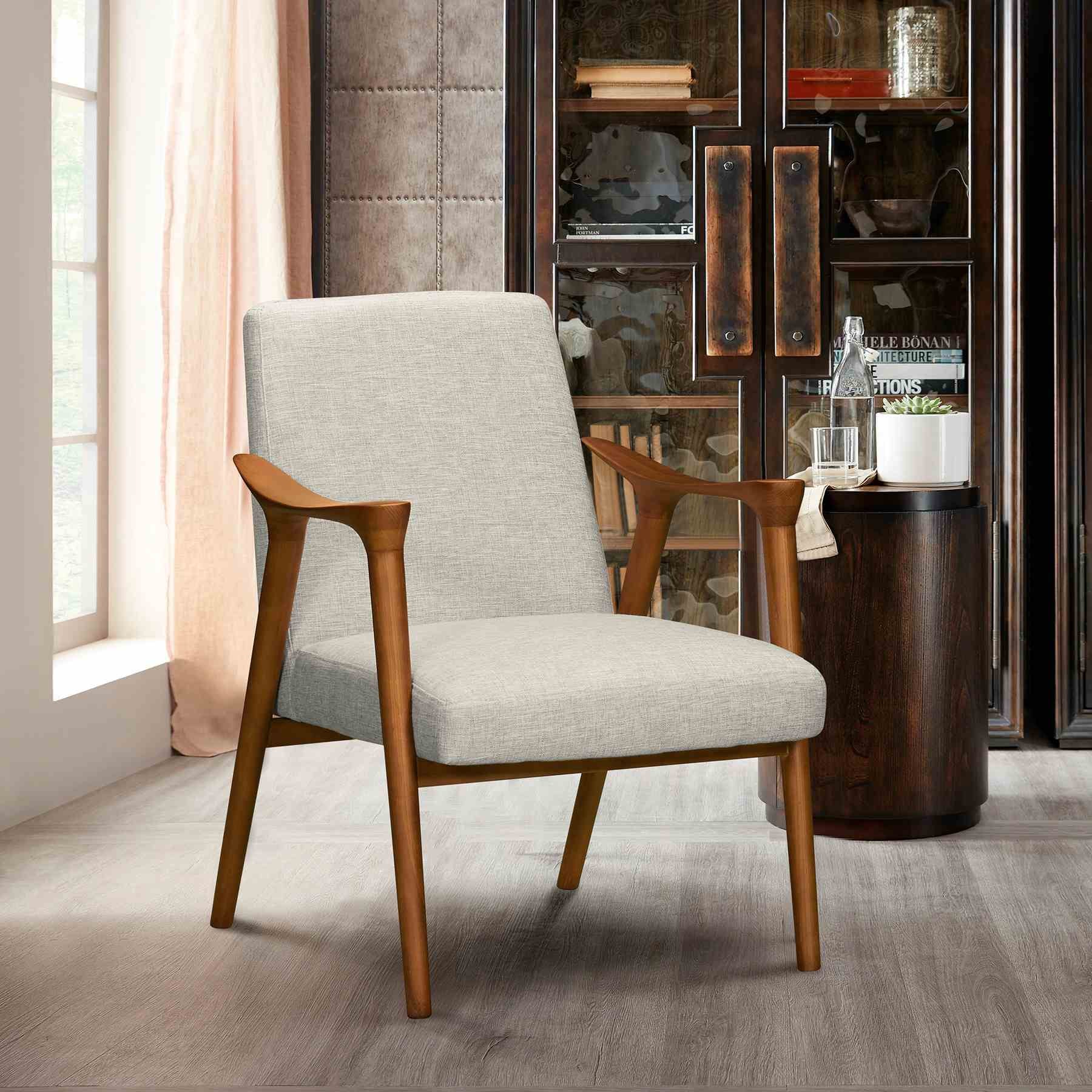 Nathan Mid-Century Accent Chair in Champagne Ash Wood Finish and Beige Fabric - Image 4
