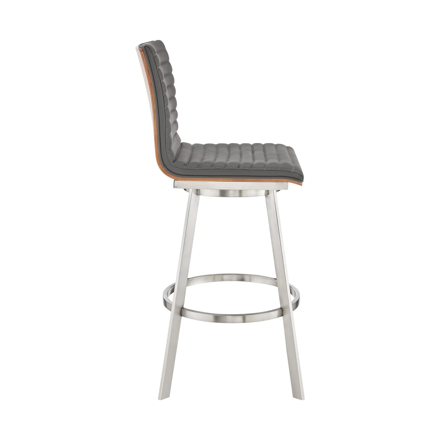 Nikole 26" Counter Height Walnut Swivel Bar Stool in Brushed Stainless Steel Finish and Gray Faux Leather - Image 3