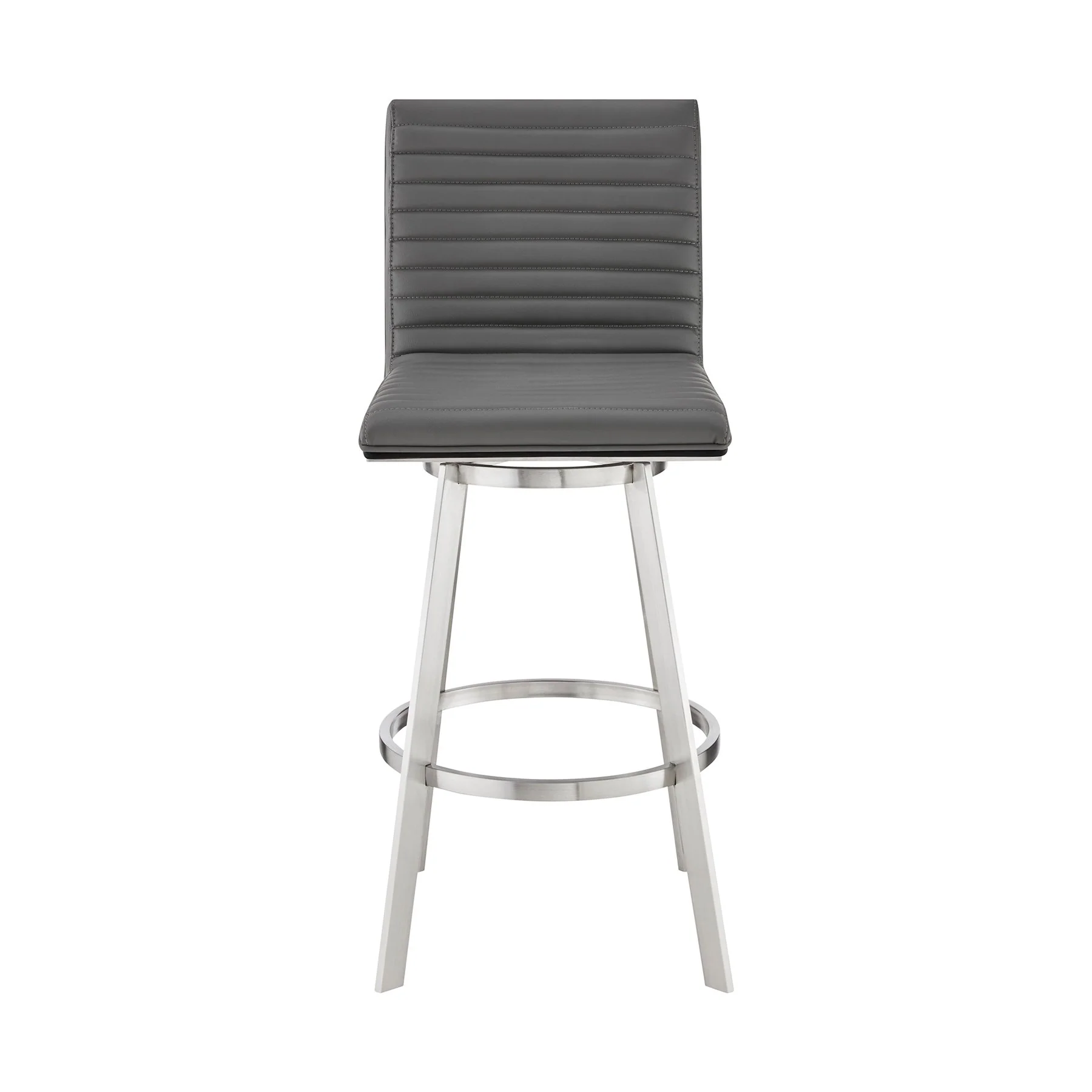 Nikole 30" Bar Height Black Swivel Bar Stool in Brushed Stainless Steel Finish and Gray Faux Leather - Image 2