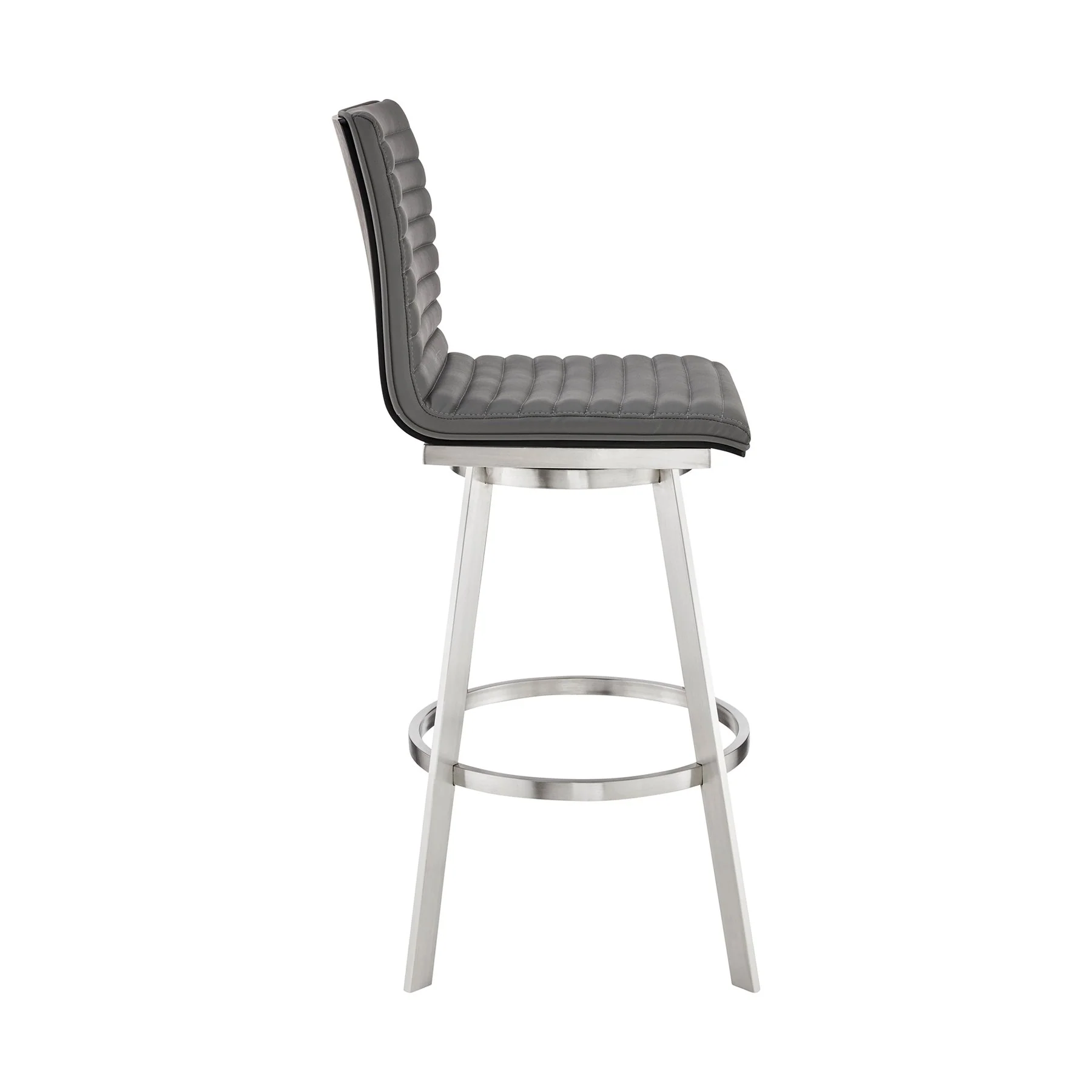 Nikole 30" Bar Height Black Swivel Bar Stool in Brushed Stainless Steel Finish and Gray Faux Leather - Image 3