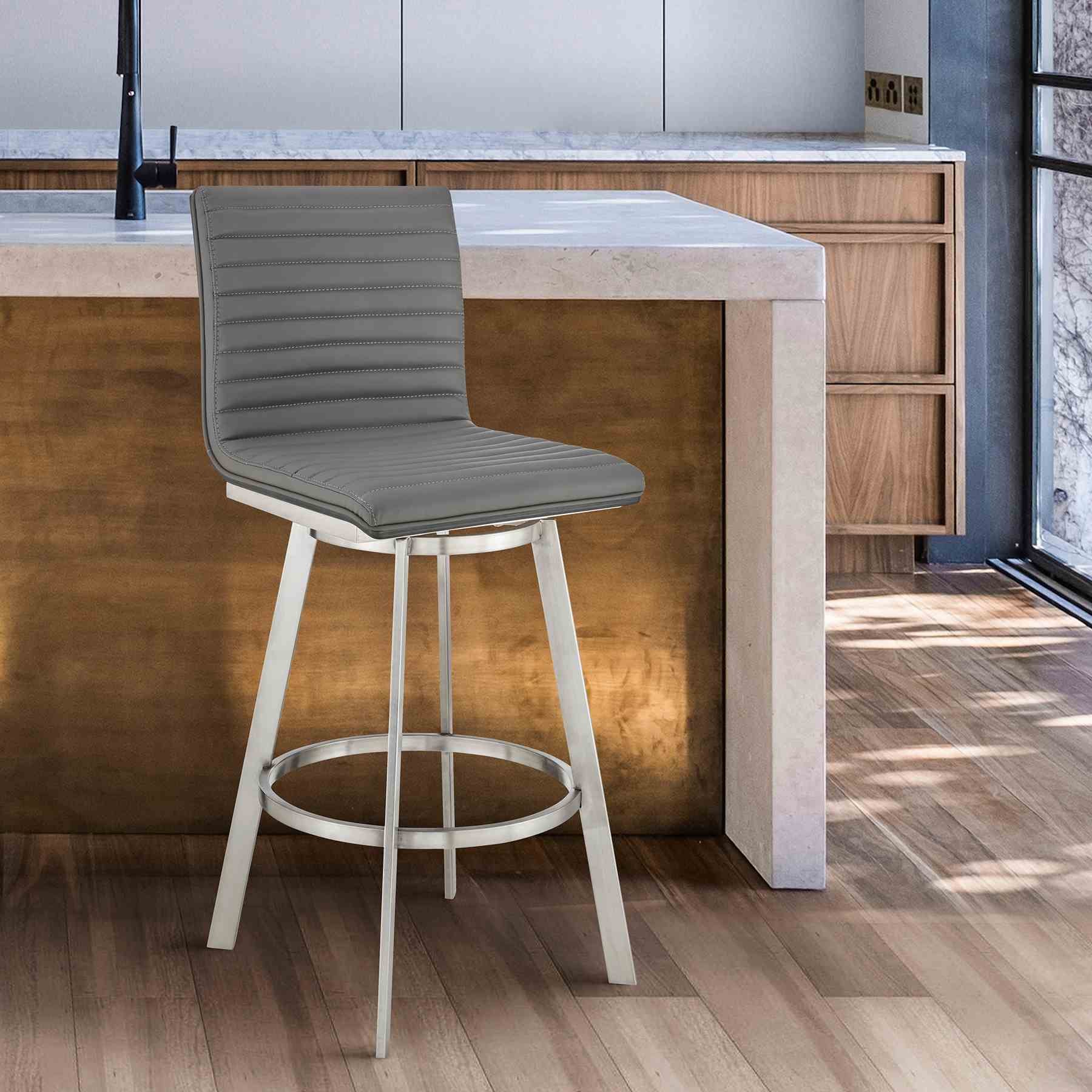 Nikole 30" Bar Height Black Swivel Bar Stool in Brushed Stainless Steel Finish and Gray Faux Leather - Image 9