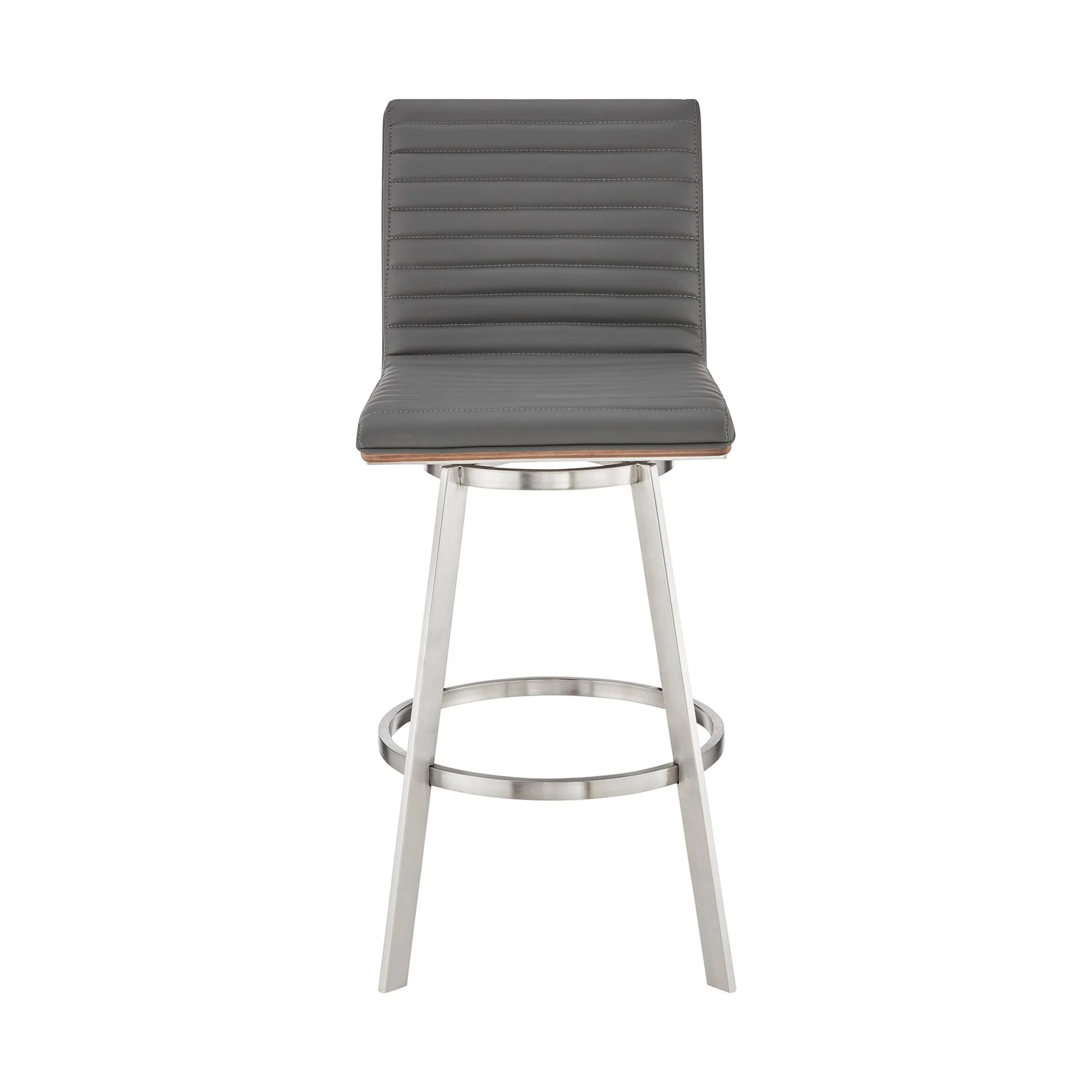 Nikole 30" Bar Height Walnut Swivel Bar Stool in Brushed Stainless Steel Finish and Gray Faux Leather - Image 2