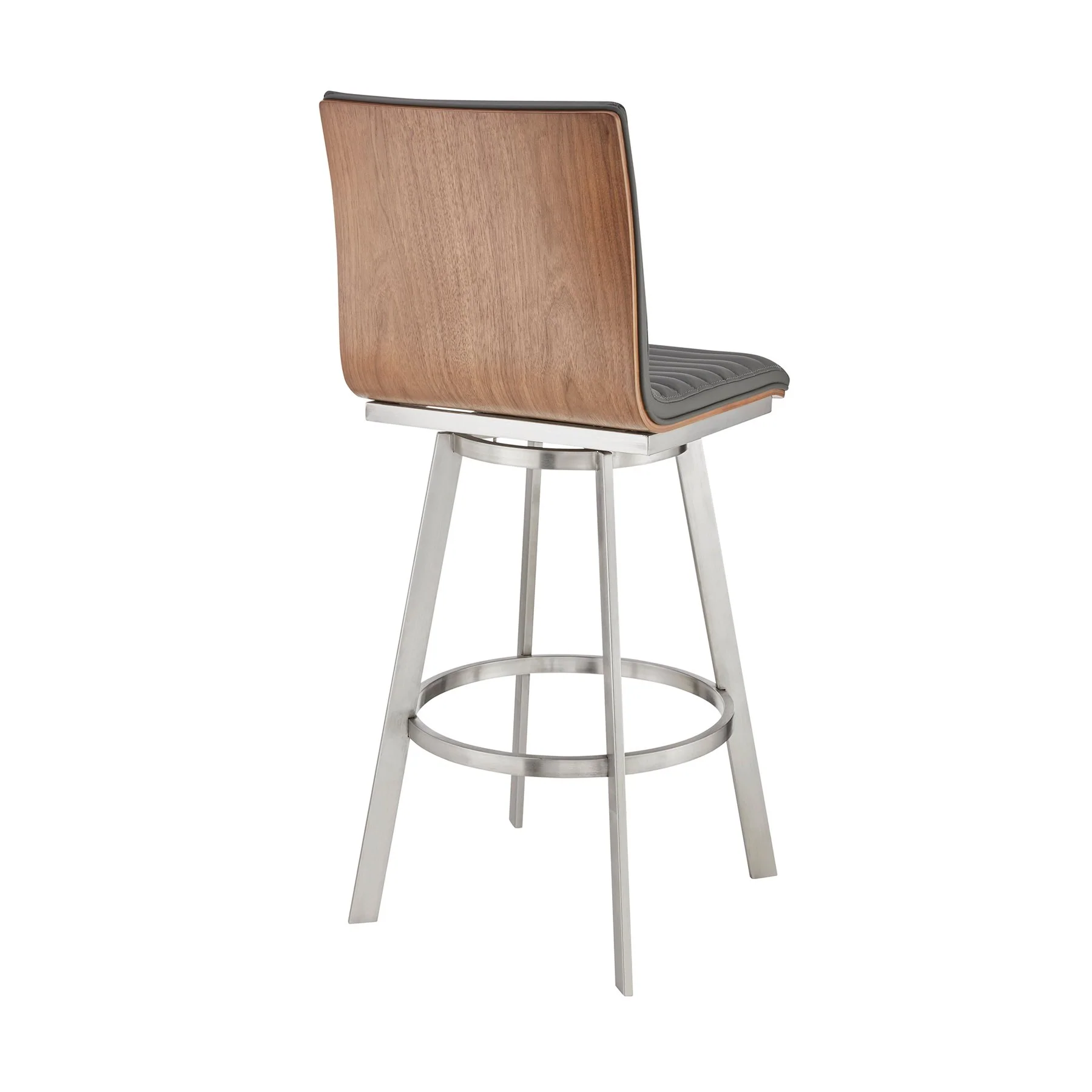 Nikole 30" Bar Height Walnut Swivel Bar Stool in Brushed Stainless Steel Finish and Gray Faux Leather - Image 4