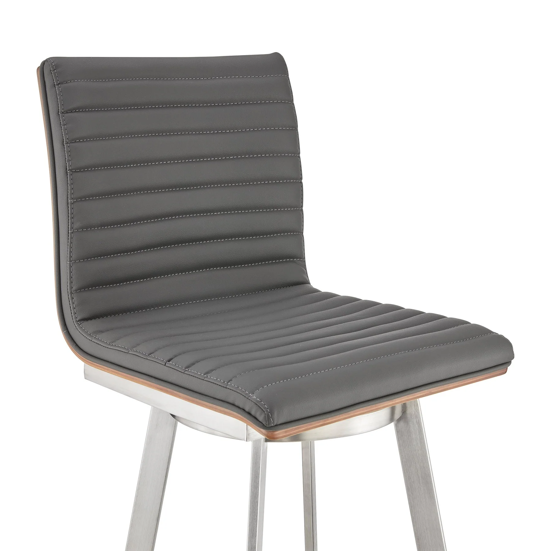 Nikole 30" Bar Height Walnut Swivel Bar Stool in Brushed Stainless Steel Finish and Gray Faux Leather - Image 6