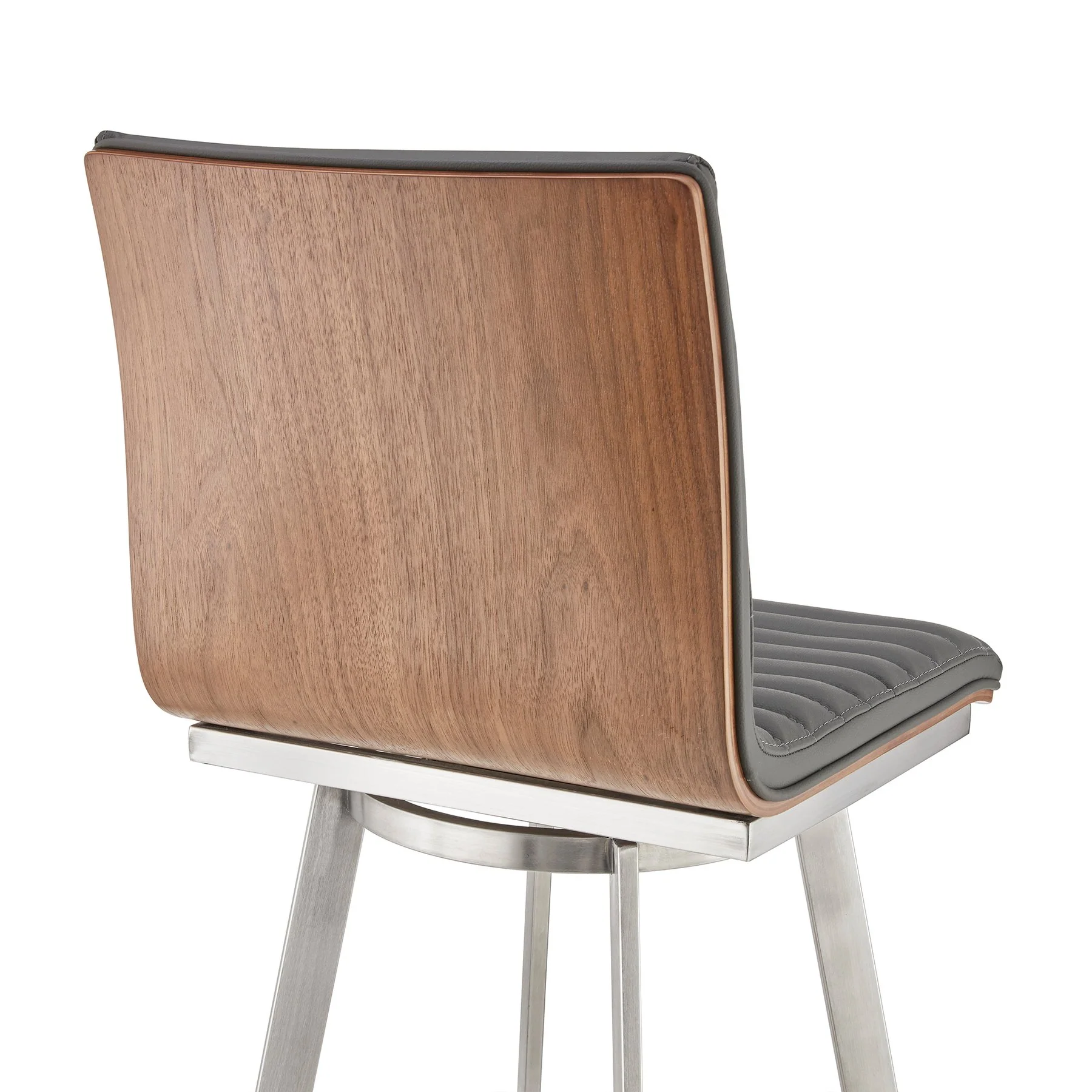 Nikole 30" Bar Height Walnut Swivel Bar Stool in Brushed Stainless Steel Finish and Gray Faux Leather - Image 7