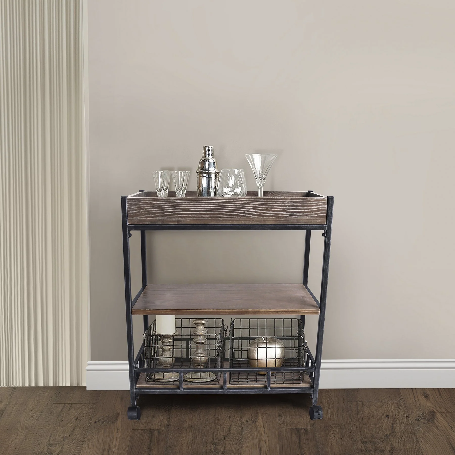Niles Industrial Kitchen Cart in Industrial Gray and Pine Wood - Image 8