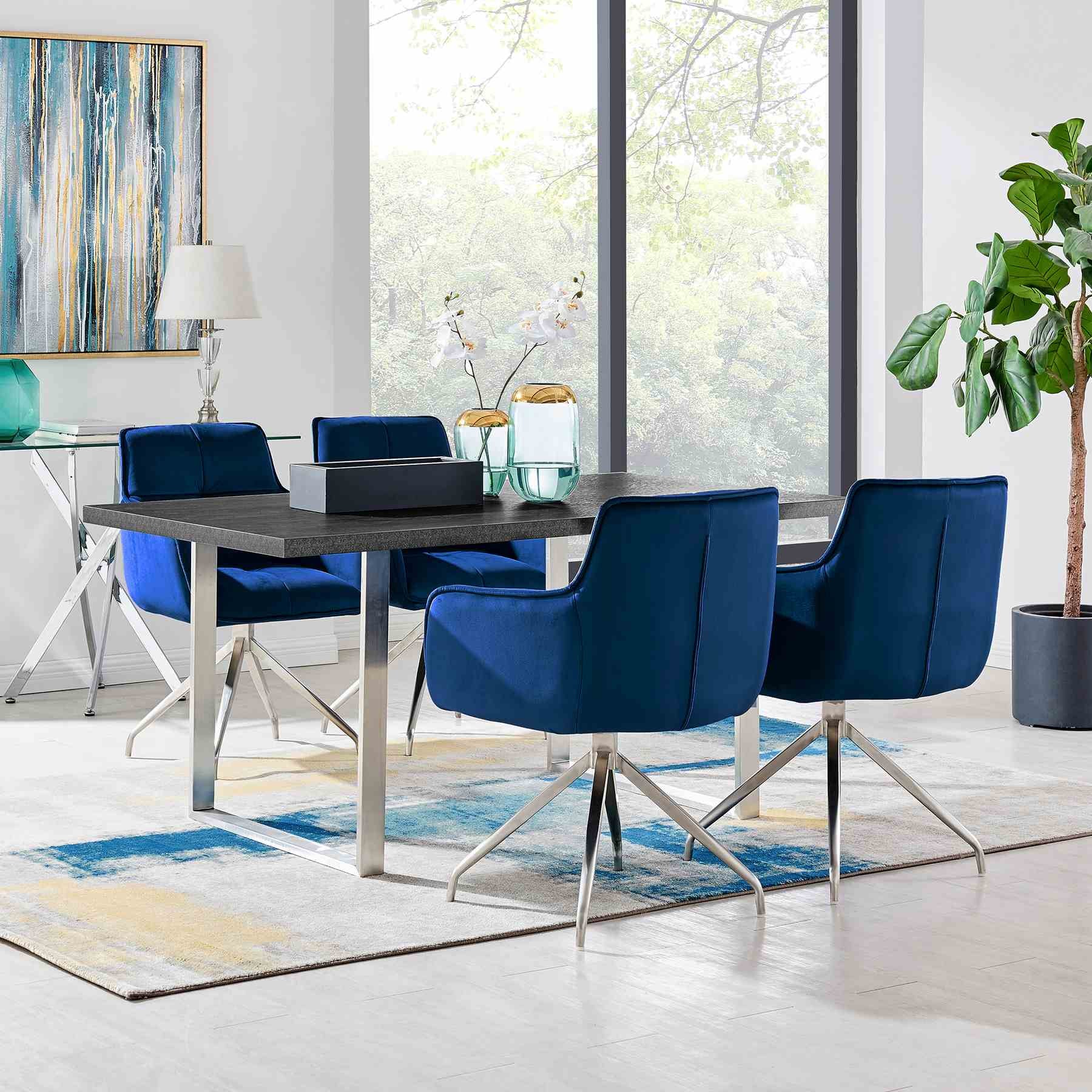Noah Dining Room Accent Chair in Blue Velvet and Brushed Stainless Steel Finish - Image 10