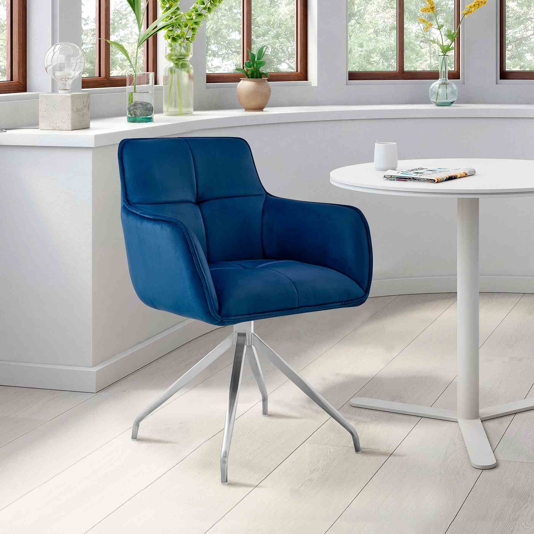 Noah Dining Room Accent Chair in Blue Velvet and Brushed Stainless Steel Finish - Image 9