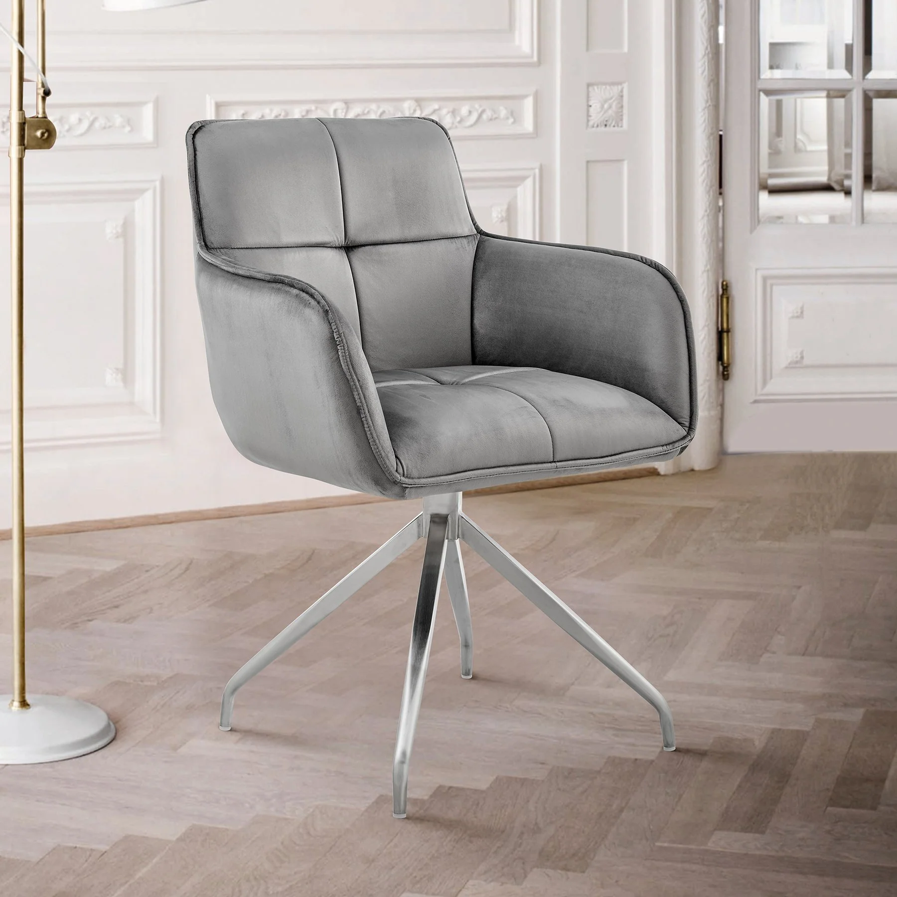 Noah Dining Room Accent Chair in Gray Velvet and Brushed Stainless Steel Finish - Image 9
