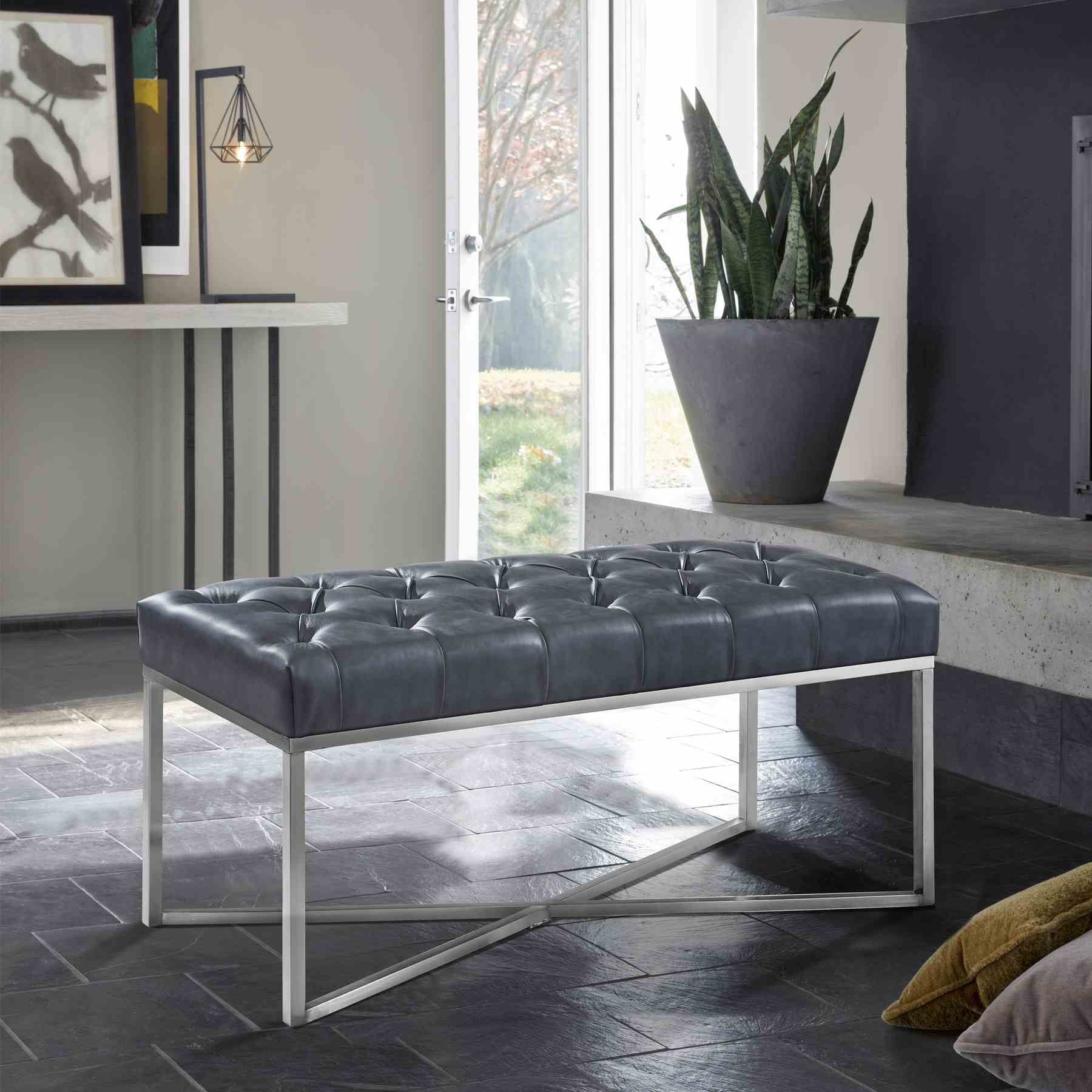 Noel Contemporary Bench in Gray Faux Leather and Brushed Stainless Steel Finish - Image 3