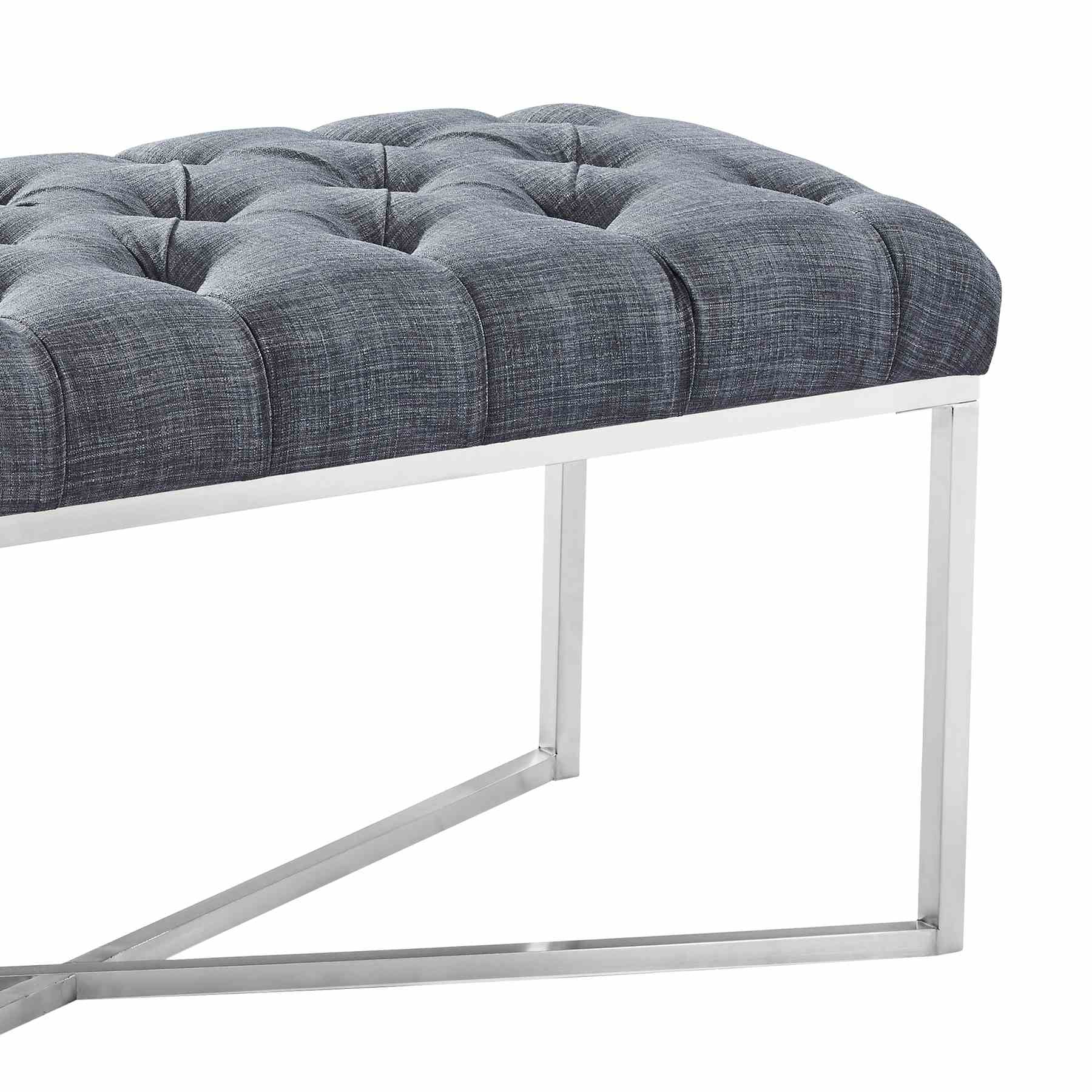 Noel Contemporary Bench in Slate Gray Linen and Brushed Stainless Steel Finish - Image 2
