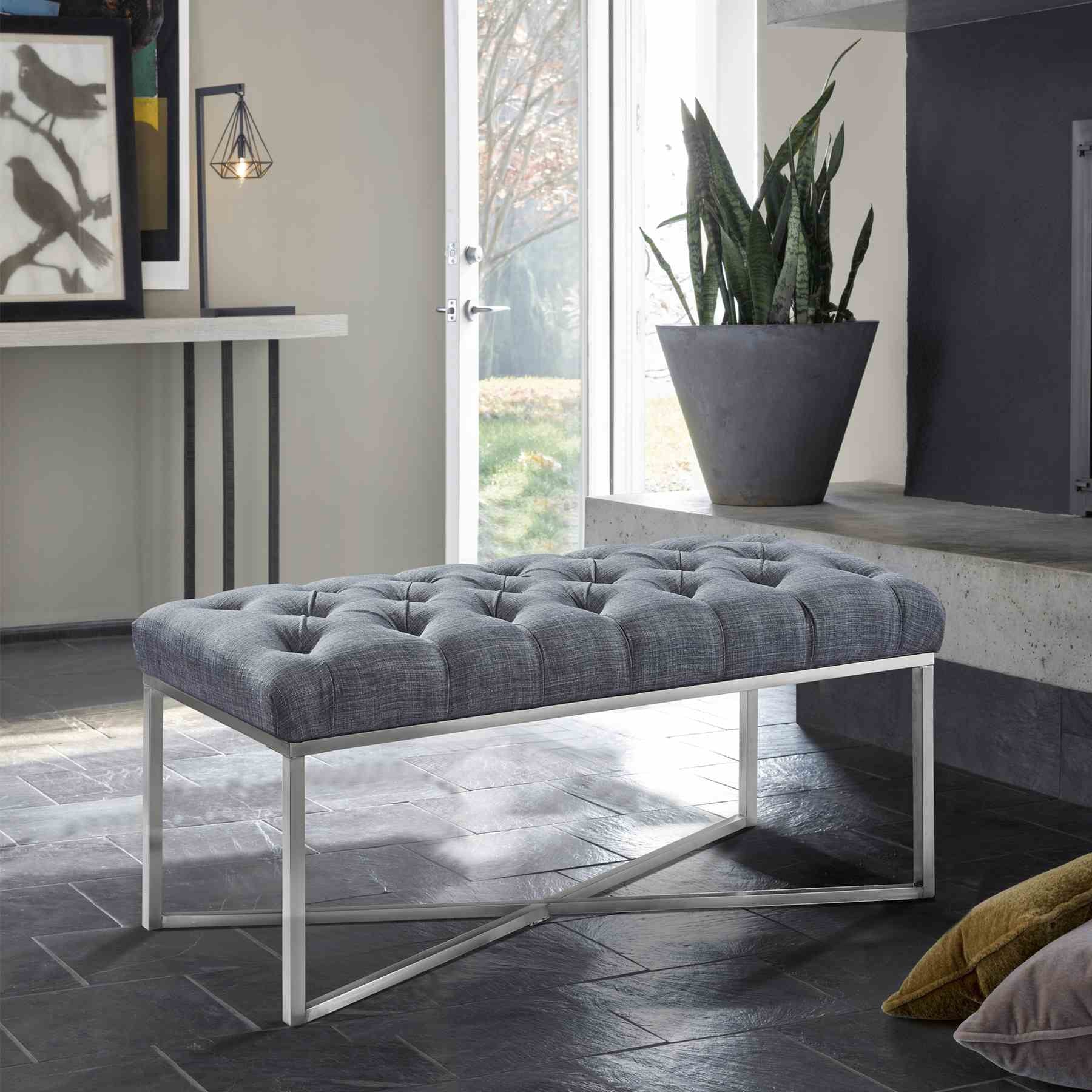 Noel Contemporary Bench in Slate Gray Linen and Brushed Stainless Steel Finish - Image 3