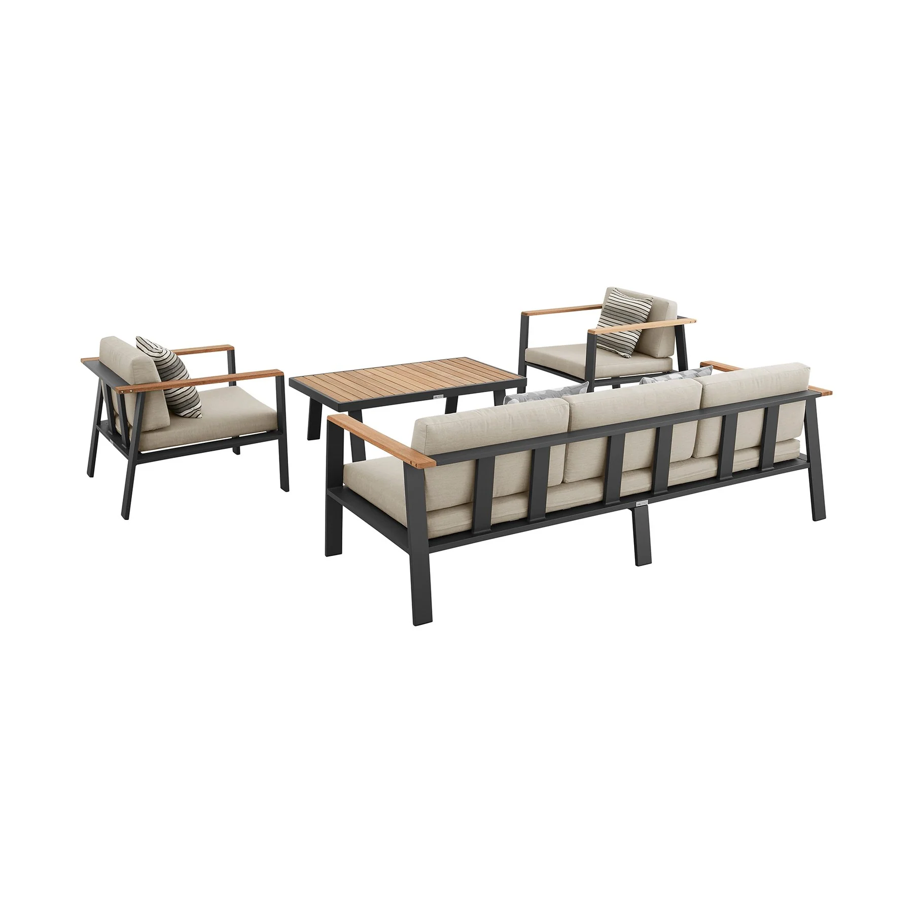 Nofi 4 piece Outdoor Patio Set in Charcoal Finish with Taupe Cushions and Teak Wood - Image 2