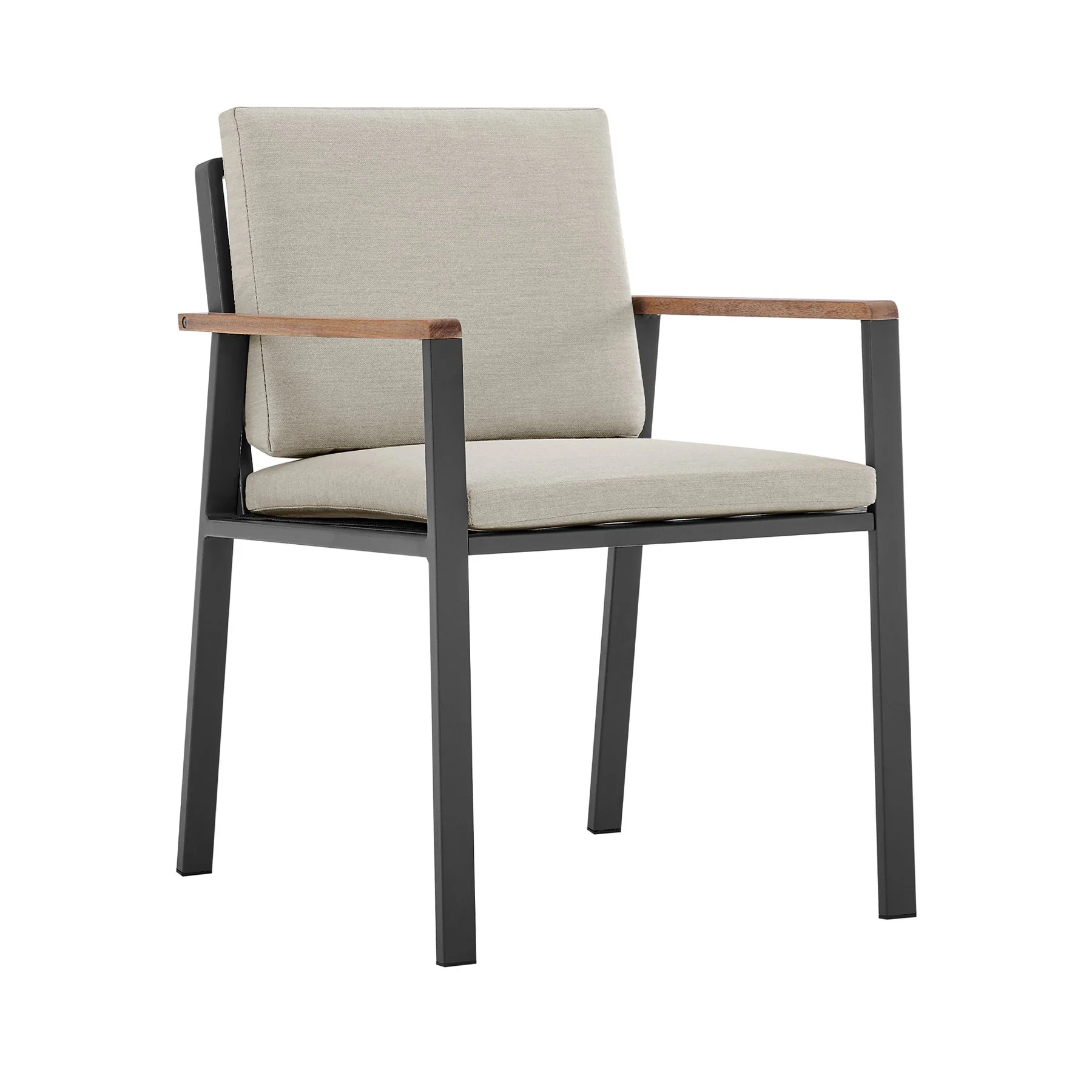 Nofi Outdoor Patio Dining Chair in Charcoal Finish with Taupe Cushions and Teak Wood Accent Arms - Set of 2 - Image 2