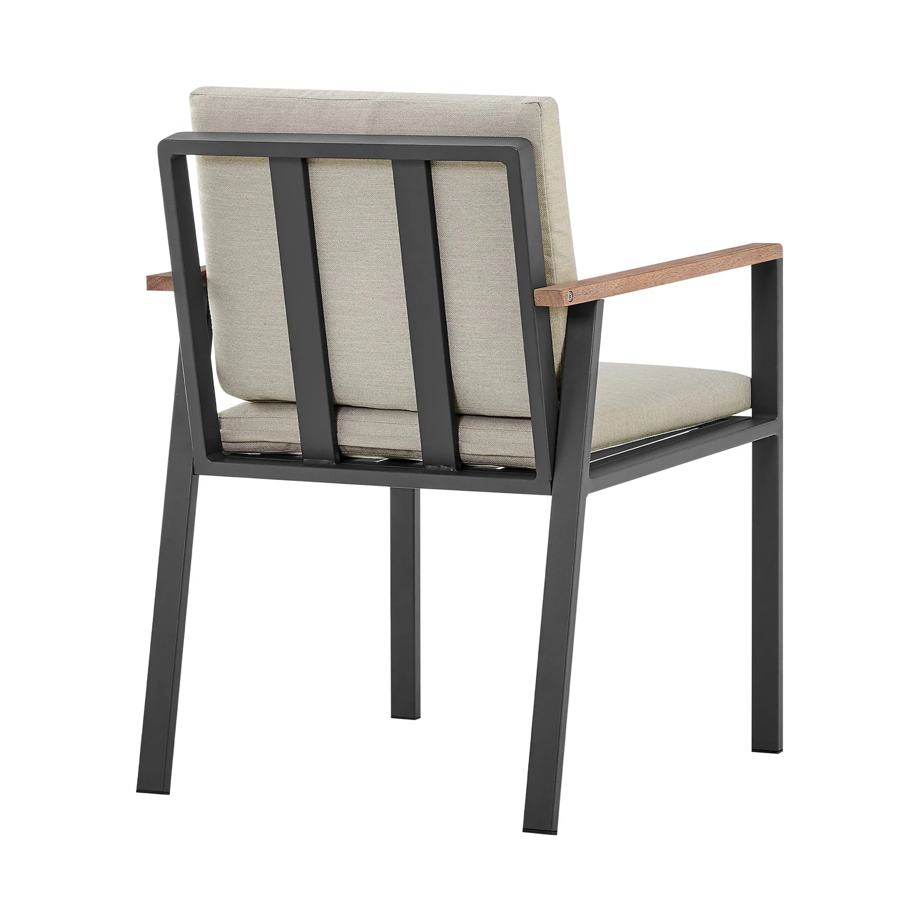 Nofi Outdoor Patio Dining Chair in Charcoal Finish with Taupe Cushions and Teak Wood Accent Arms - Set of 2 - Image 3