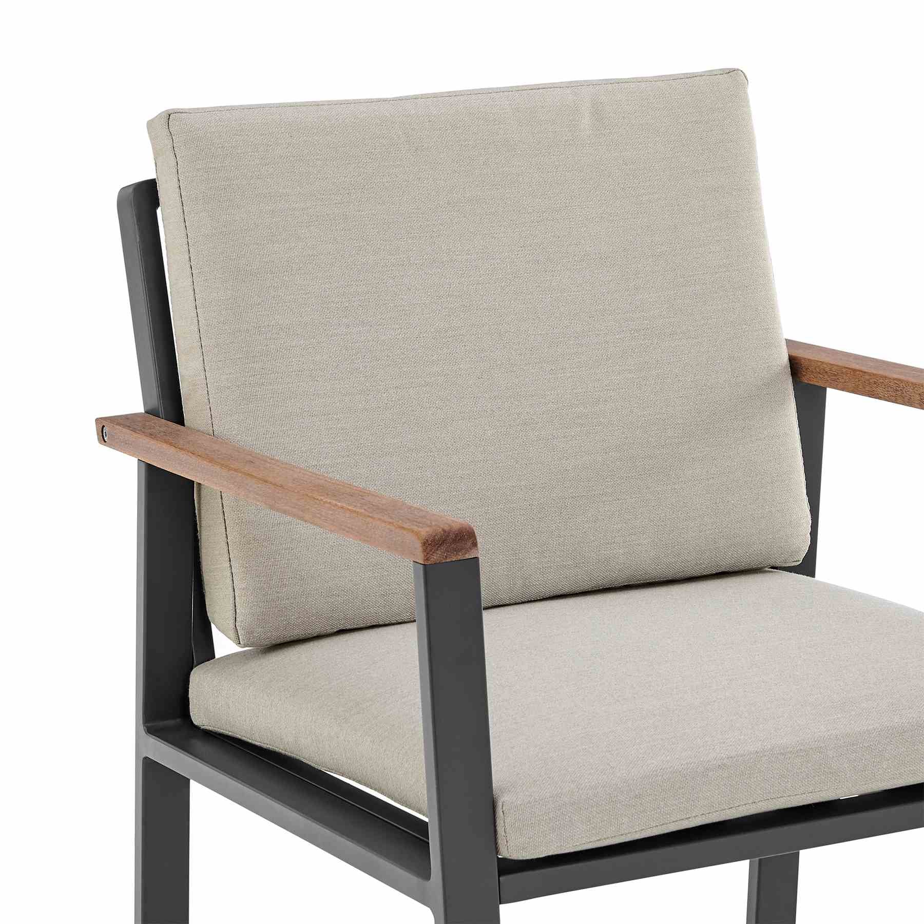 Nofi Outdoor Patio Dining Chair in Charcoal Finish with Taupe Cushions and Teak Wood Accent Arms - Set of 2 - Image 4