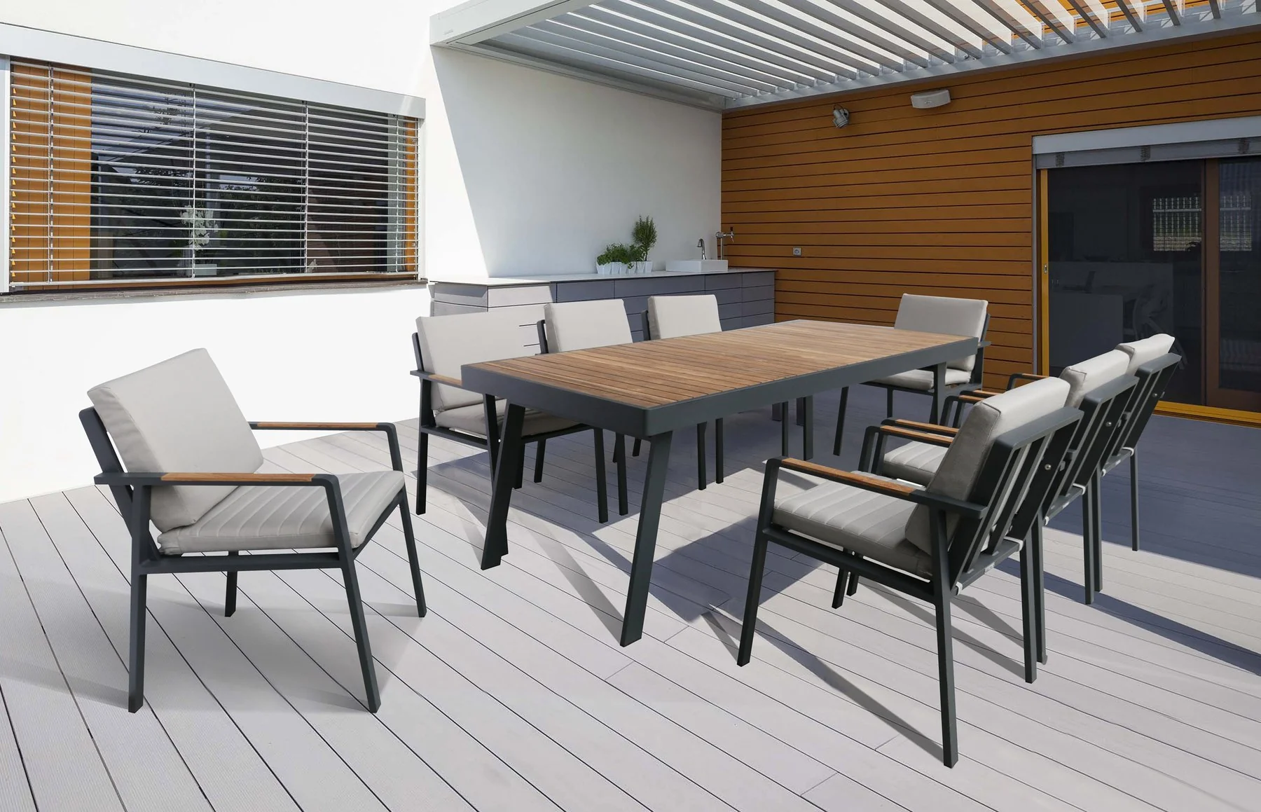 Nofi Outdoor Patio Dining Chair in Charcoal Finish with Taupe Cushions and Teak Wood Accent Arms - Set of 2 - Image 8