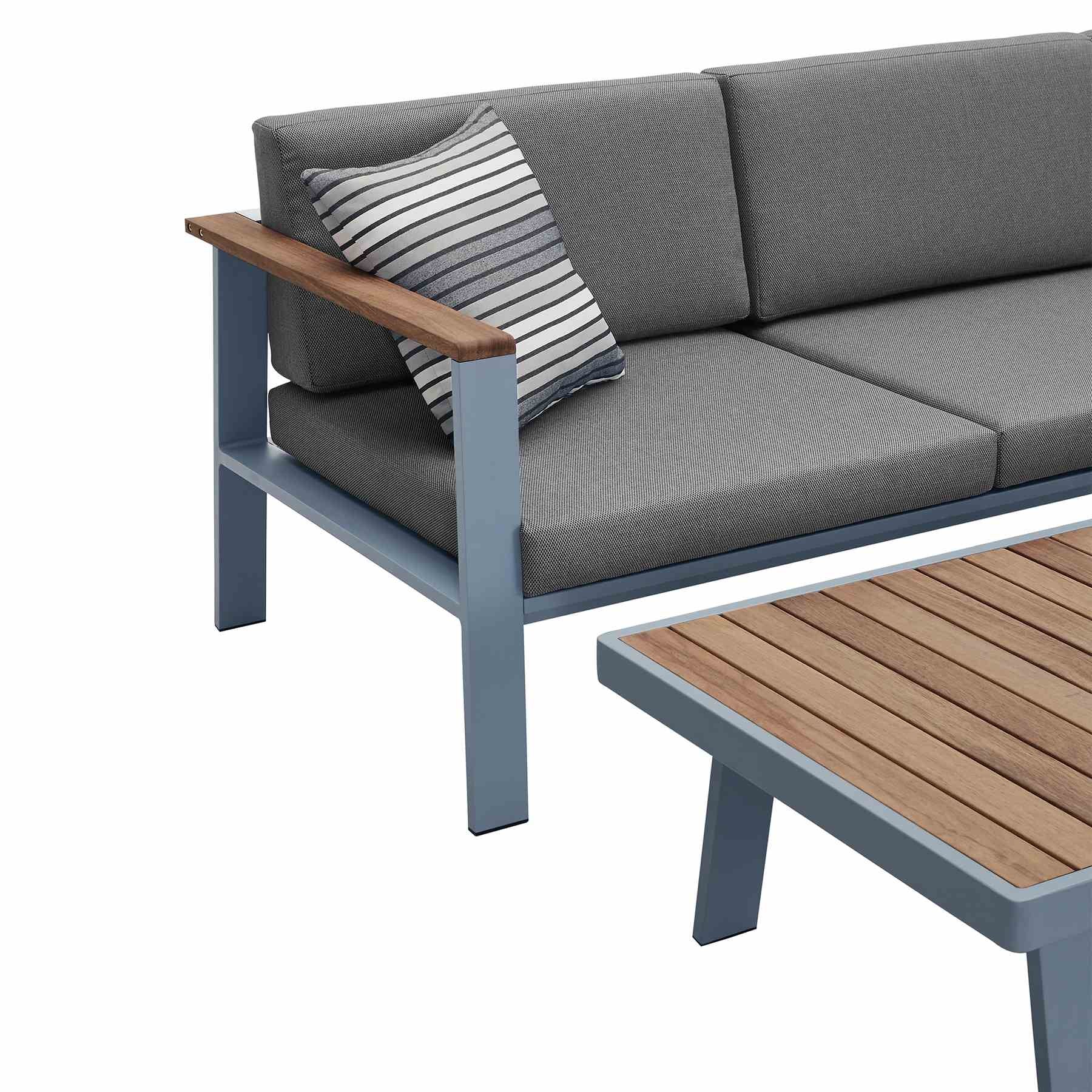 Nofi Outdoor Patio Sectional Set in Gray Finish with Gray Cushions and Teak Wood - Image 4