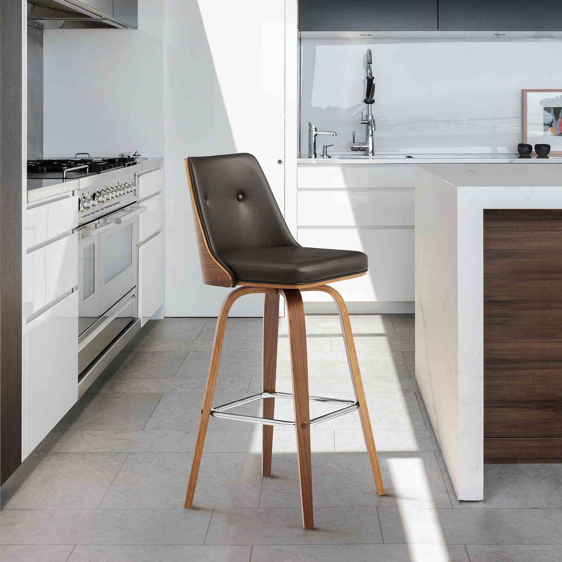 Nolte 26" Swivel Counter Stool in Brown Faux Leather and Walnut Wood - Image 9