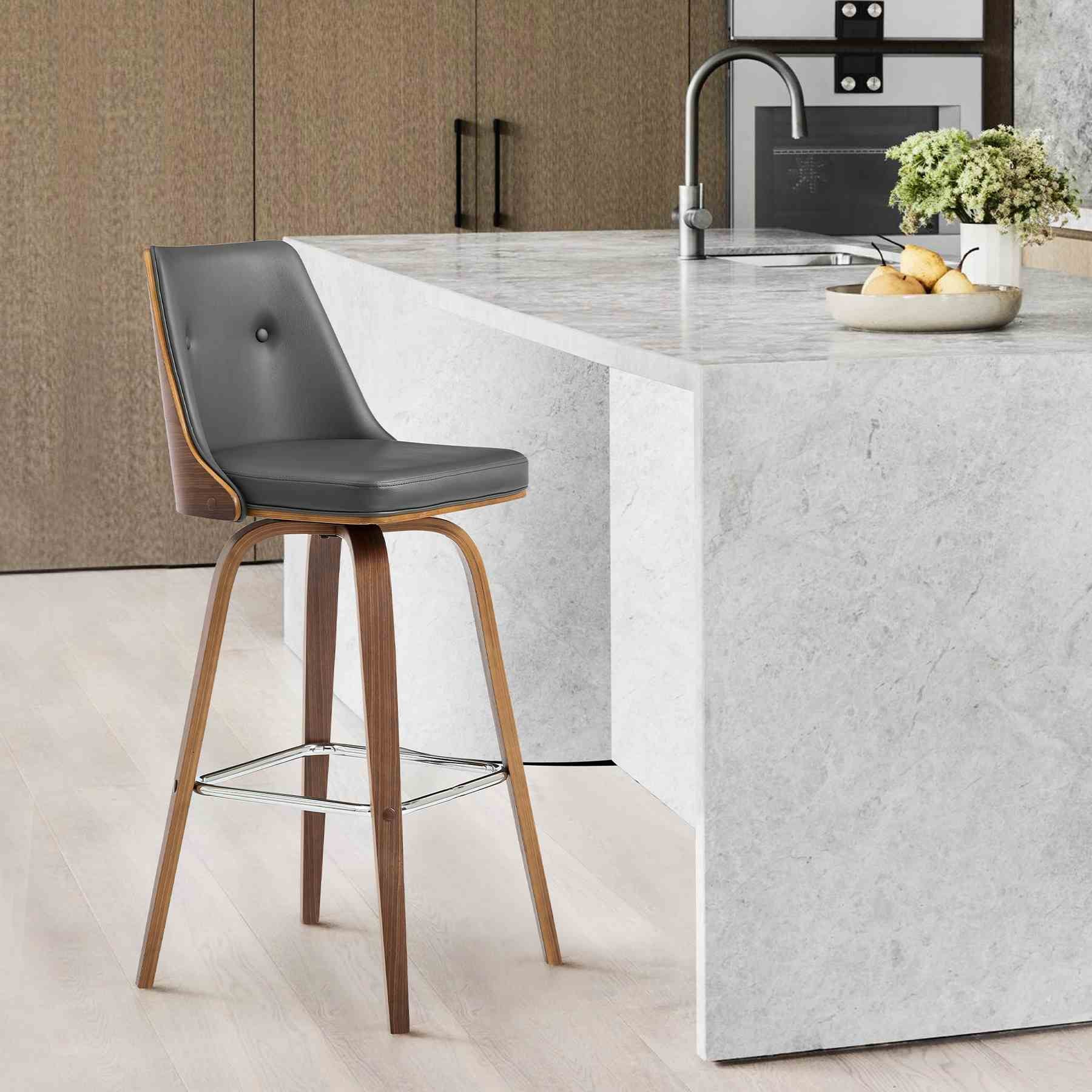 Nolte 30" Swivel Bar Stool in Gray Faux Leather and Walnut Wood - Image 9