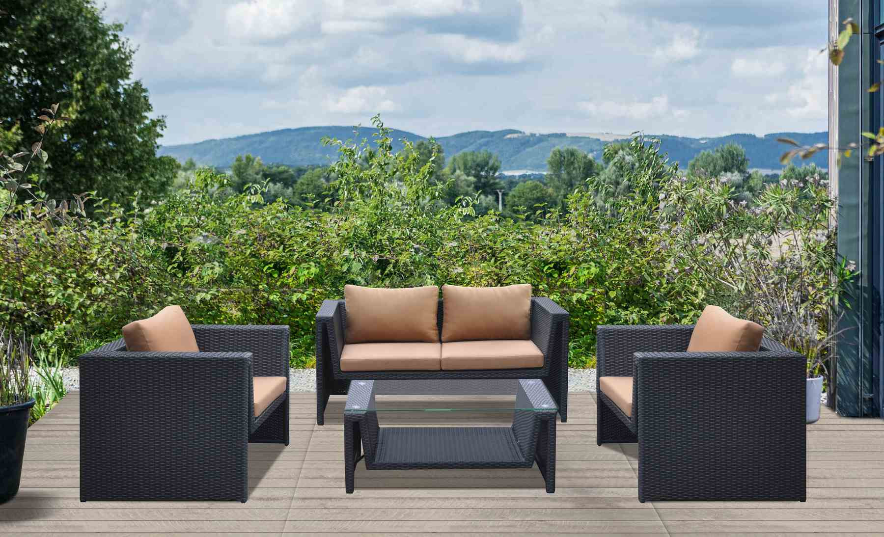 Oahu 4 piece Outdoor Wicker Patio Set with Brown Fabric Cushions and Tempered Glass Top - Image 9