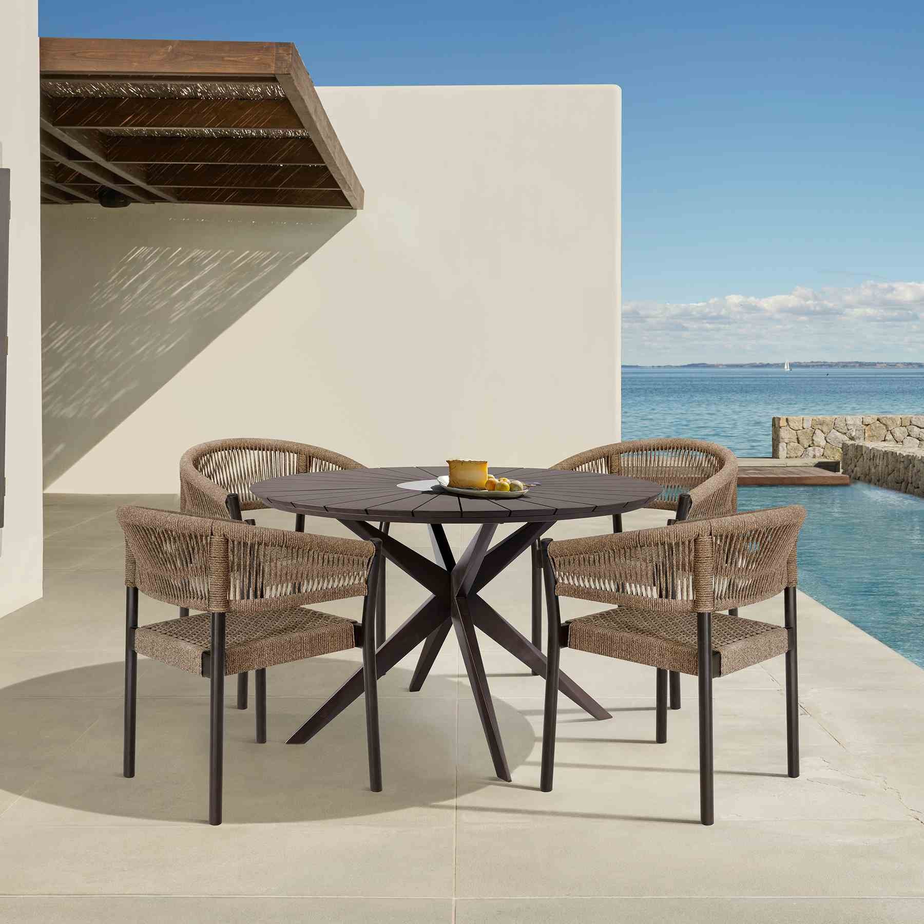 Oasis Doris Outdoor Patio 5 Piece Round Dining Set in Eucalyptus Wood with Truffle Rope - Image 10