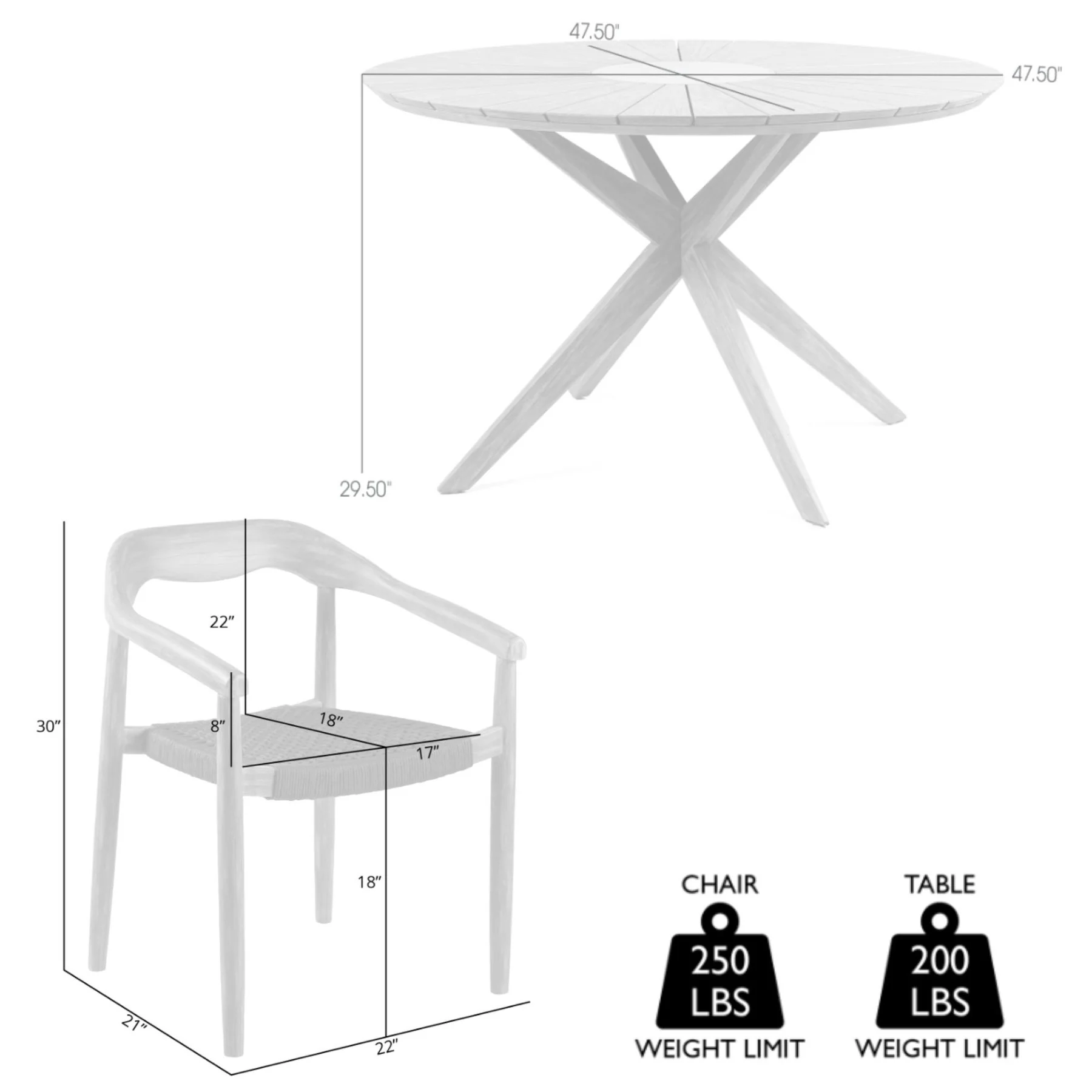 Oasis Santo Outdoor Patio 5 Piece Round Dining Set in Eucalyptus Wood and Charcoal Rope - Image 10