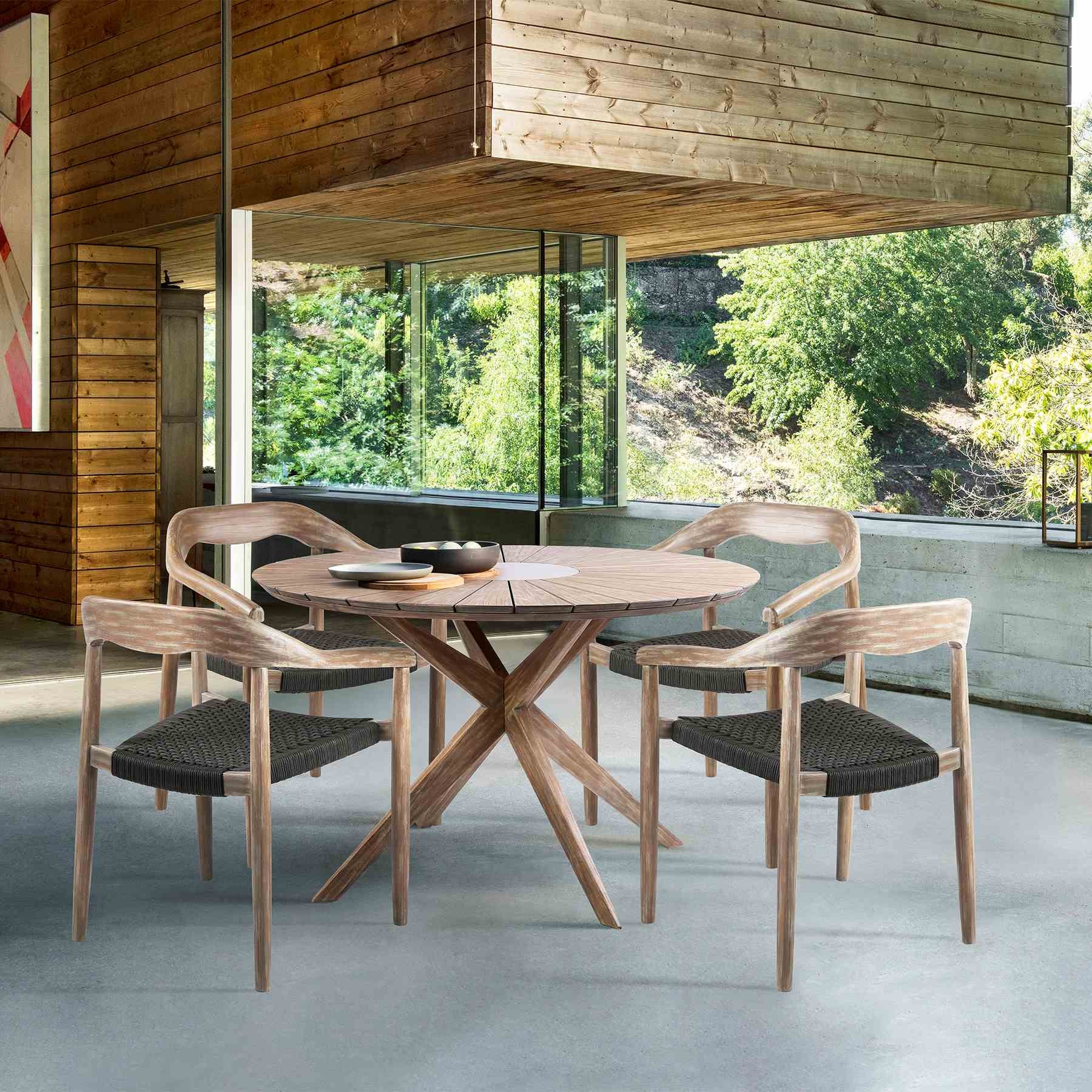 Oasis Santo Outdoor Patio 5 Piece Round Dining Set in Eucalyptus Wood and Charcoal Rope - Image 11