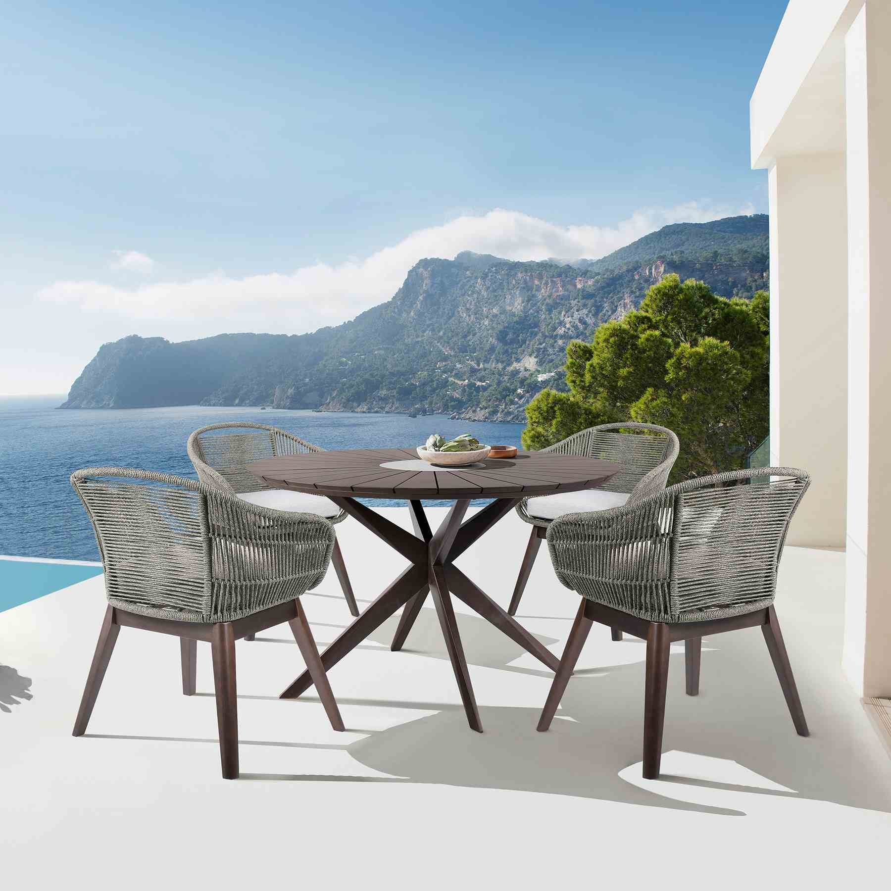 Oasis Tutti Frutti Outdoor Patio 5 Piece Round Dining Set in Eucalyptus Wood with Gray Rope and Cushions - Image 9