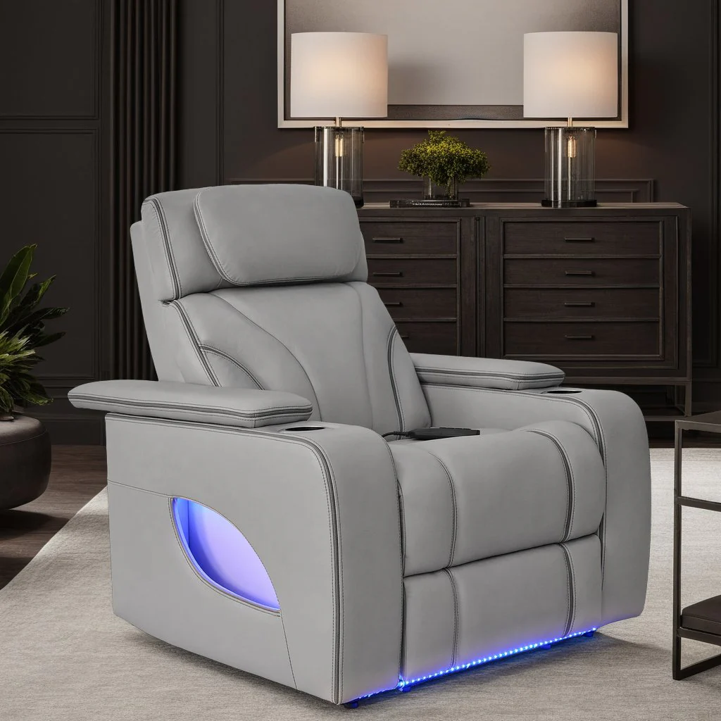 Octavia Zero Gravity Power Recliner with Heat and Massage in Silver and Gray Leather - Image 16