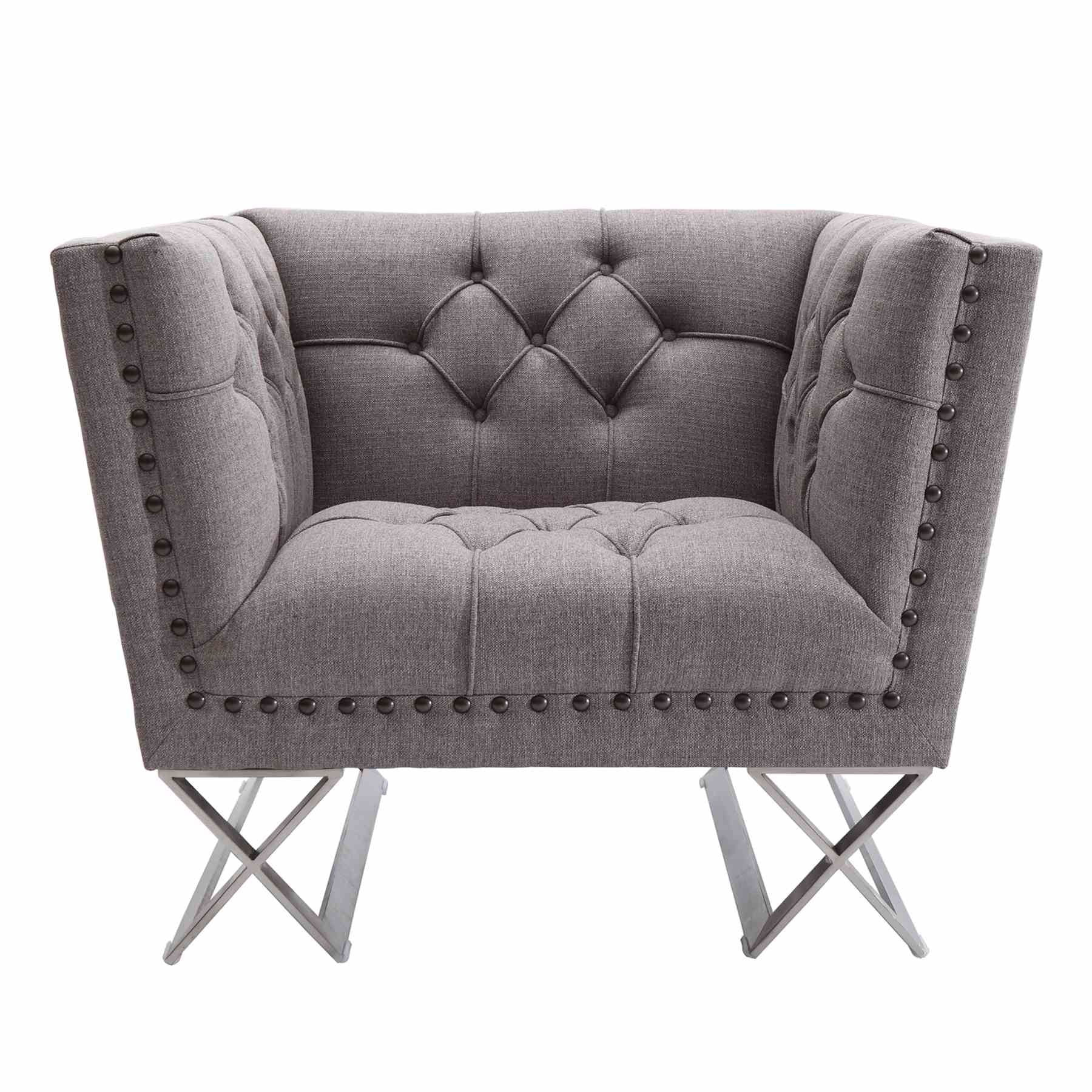 Odyssey Sofa Chair in Brushed Stainless Steel finish with Gray Tweed and Black Nail heads - Image 2
