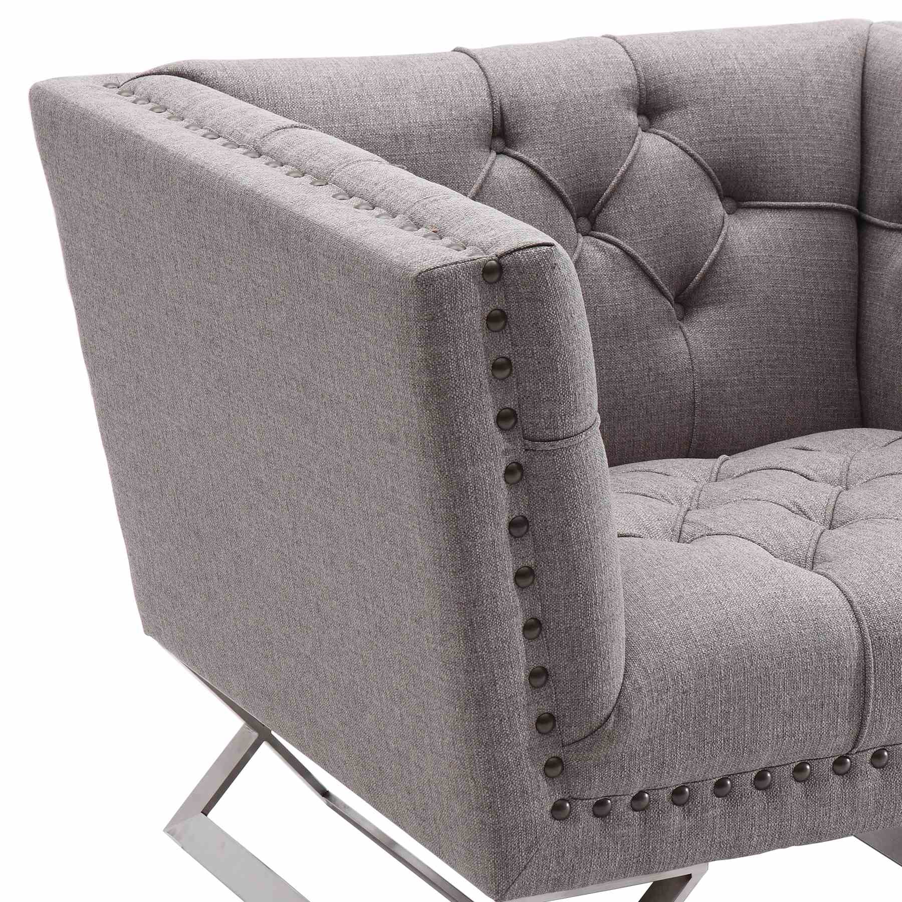 Odyssey Sofa Chair in Brushed Stainless Steel finish with Gray Tweed and Black Nail heads - Image 3