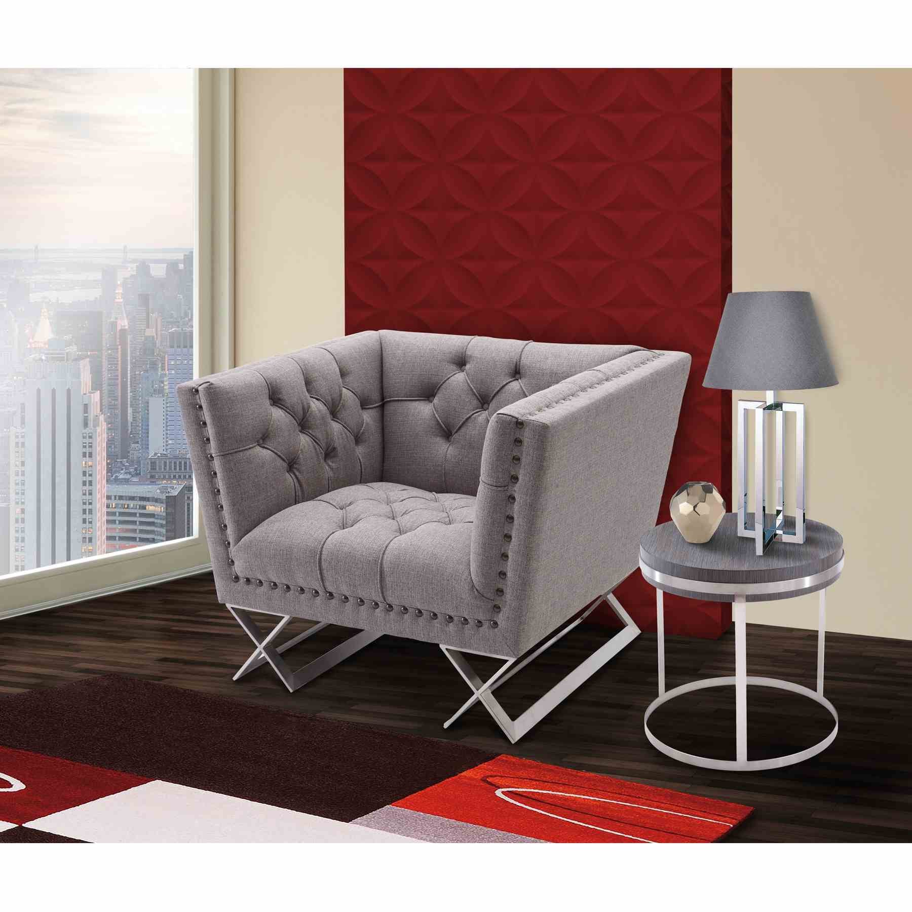 Odyssey Sofa Chair in Brushed Stainless Steel finish with Gray Tweed and Black Nail heads - Image 5