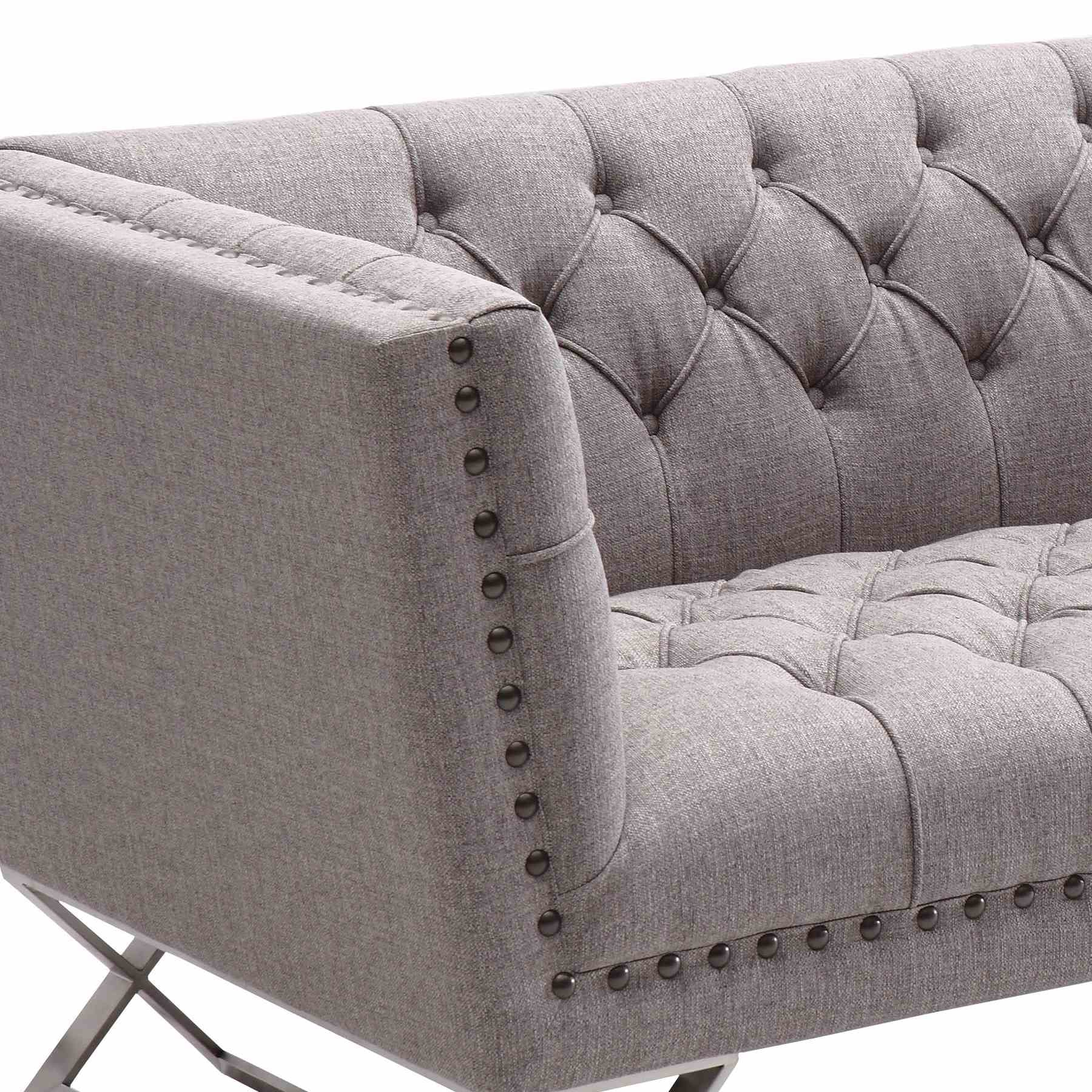 Odyssey Sofa in Brushed Stainless Steel finish with Gray Tweed and Black Nail heads - Image 3
