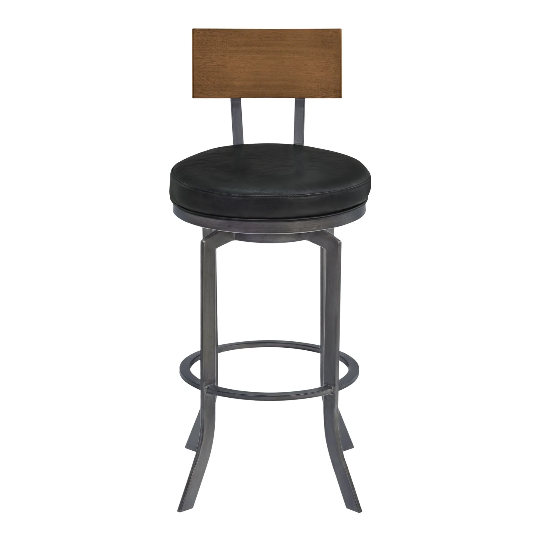Ojai 26" Counter Height Metal Swivel Barstool in Vintage Black Faux Leather with Mineral Finish and Walnut Wood Back - Image 2