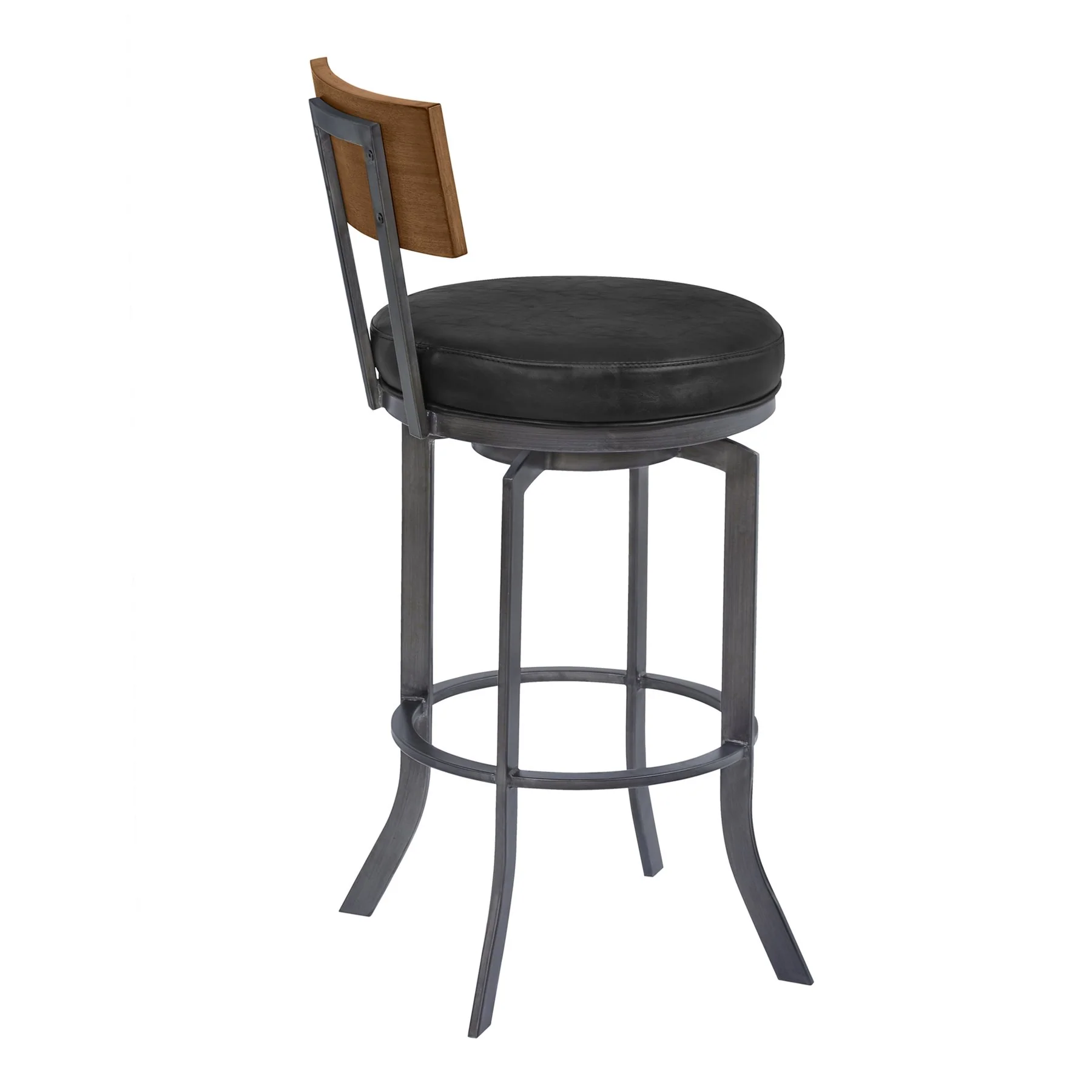 Ojai 26" Counter Height Metal Swivel Barstool in Vintage Black Faux Leather with Mineral Finish and Walnut Wood Back - Image 3