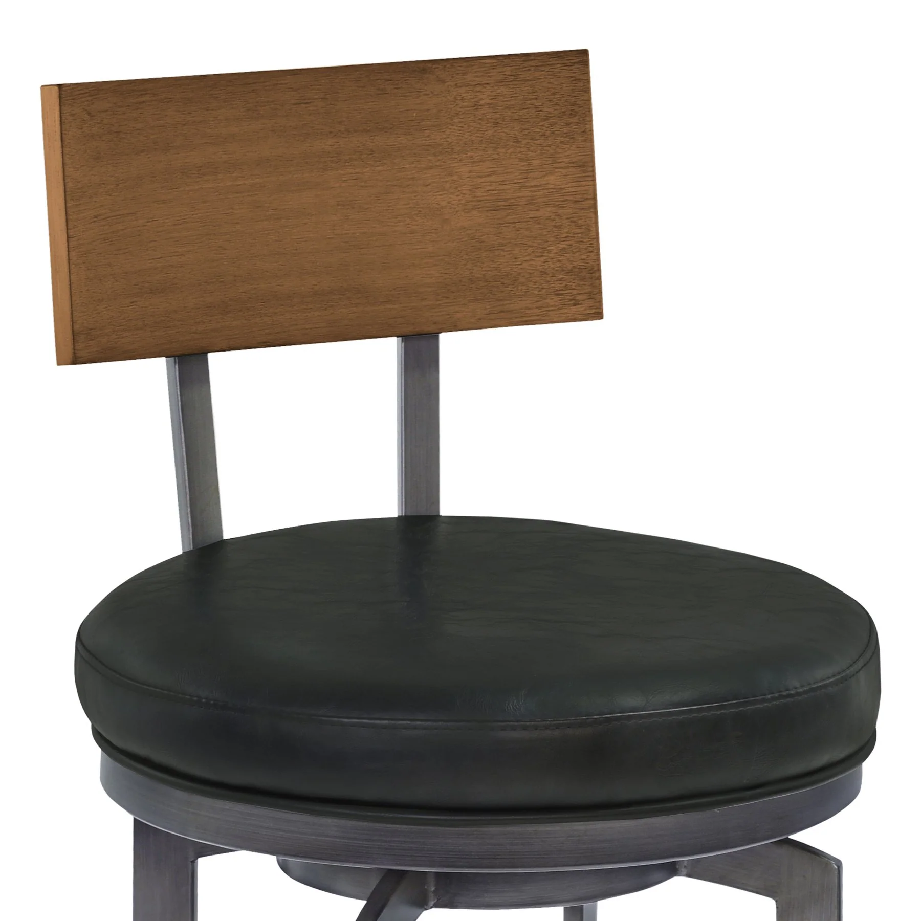 Ojai 26" Counter Height Metal Swivel Barstool in Vintage Black Faux Leather with Mineral Finish and Walnut Wood Back - Image 4