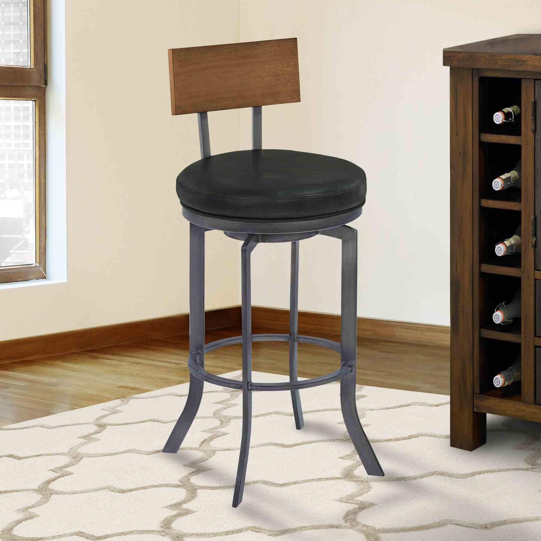 Ojai 30" Bar Height Metal Swivel Barstool in Vintage Black Faux Leather with Mineral Finish and Walnut Wood Back - Image 7