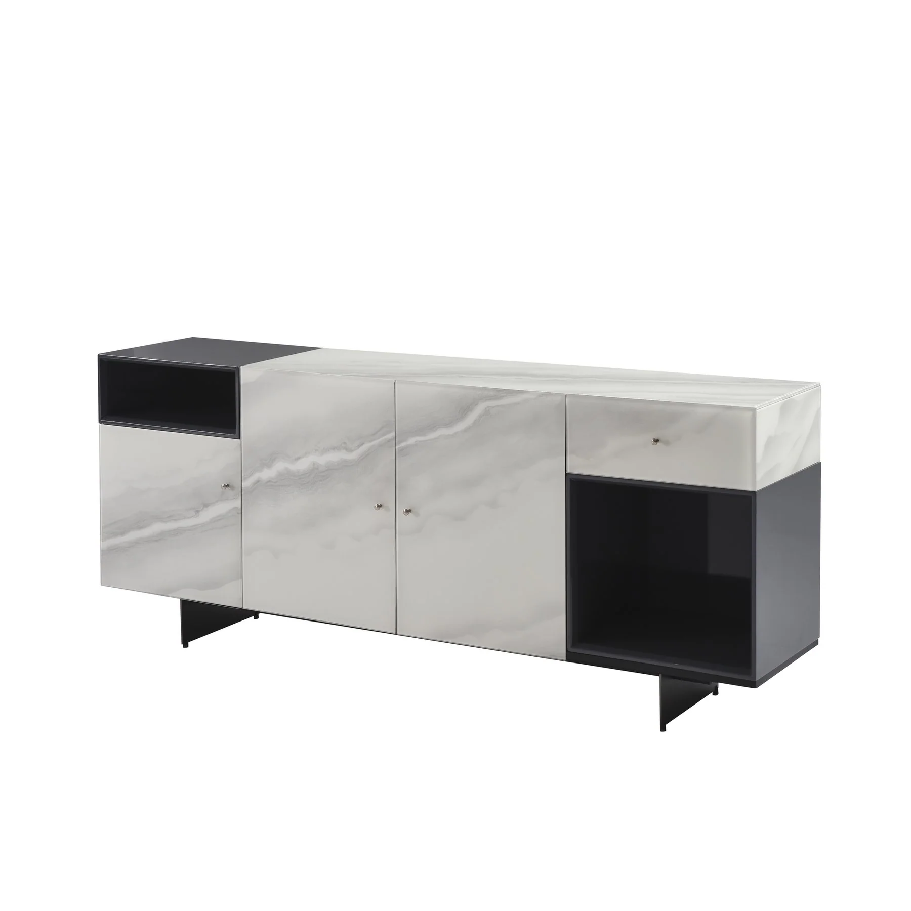Olivia Modern 3-Door Sideboard with White Marble-Effect Tempered Glass and Black Open Shelving - Image 3