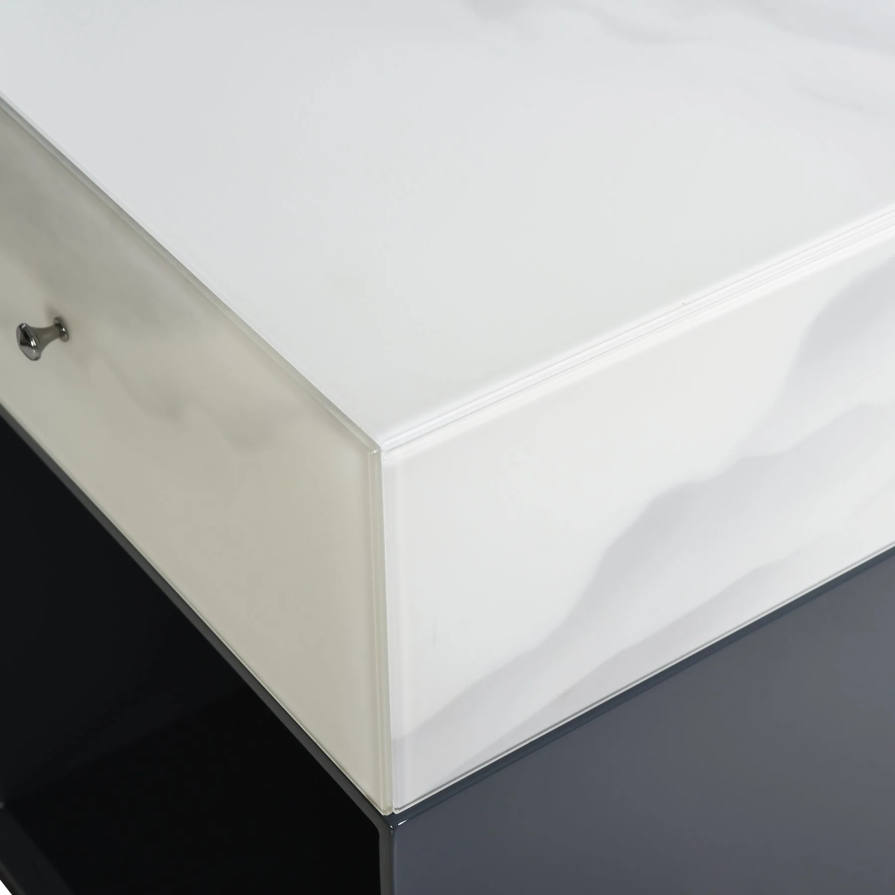 Olivia Modern 3-Door Sideboard with White Marble-Effect Tempered Glass and Black Open Shelving - Image 7