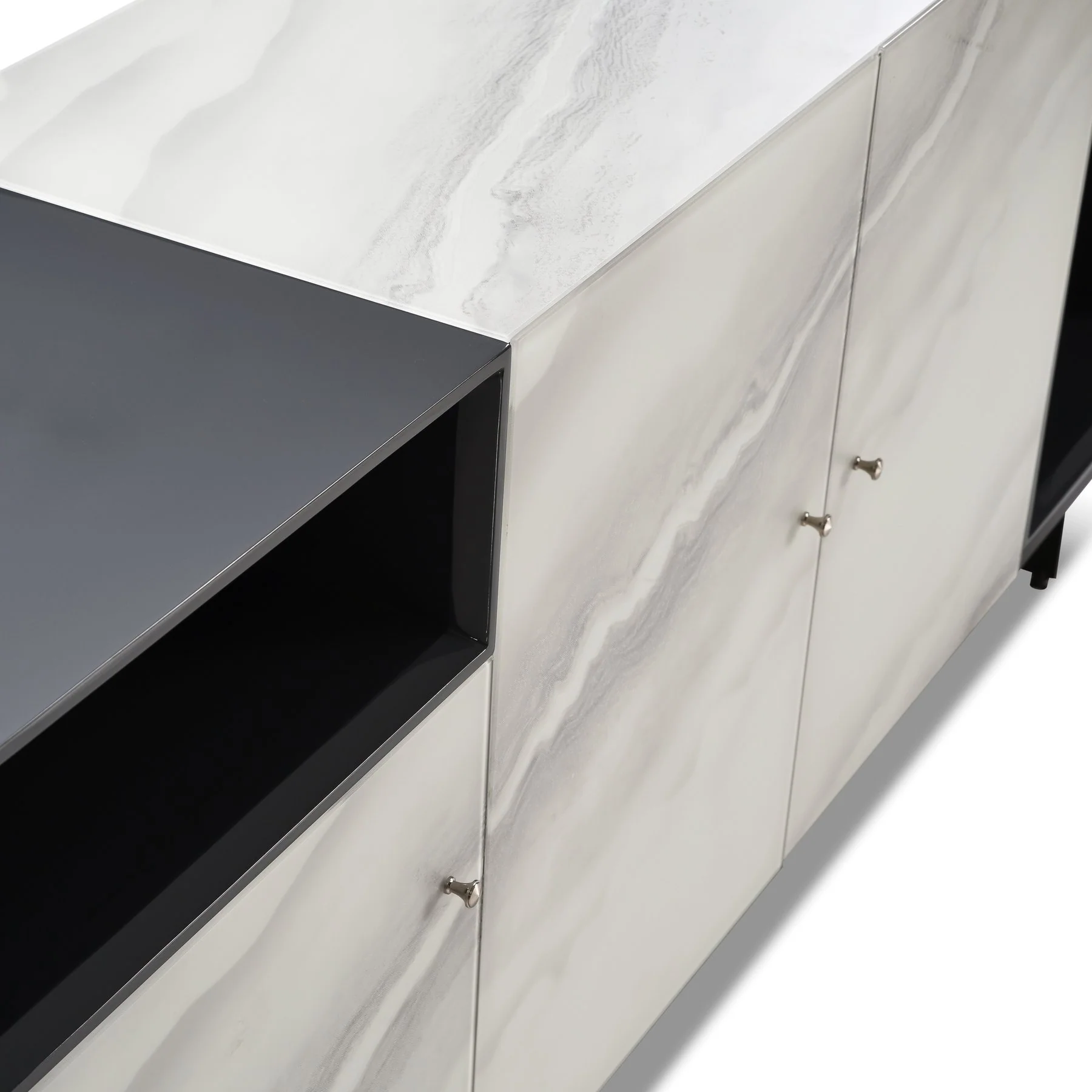 Olivia Modern 3-Door Sideboard with White Marble-Effect Tempered Glass and Black Open Shelving - Image 9