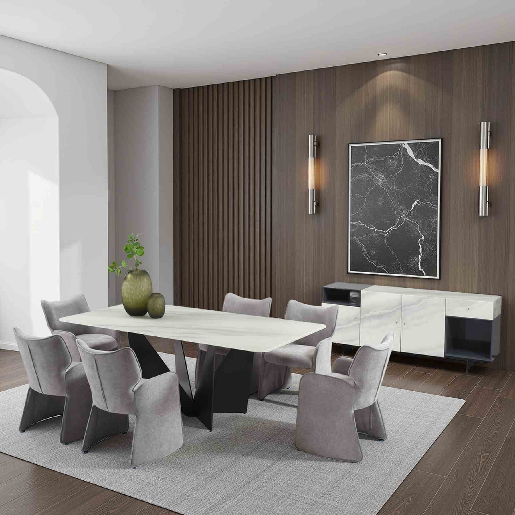 Olivia Modern 8-Piece Dining Set with Tempered Glass Table, Gray Upholstered Armchairs, and 3-Door Sideboard - Image 13