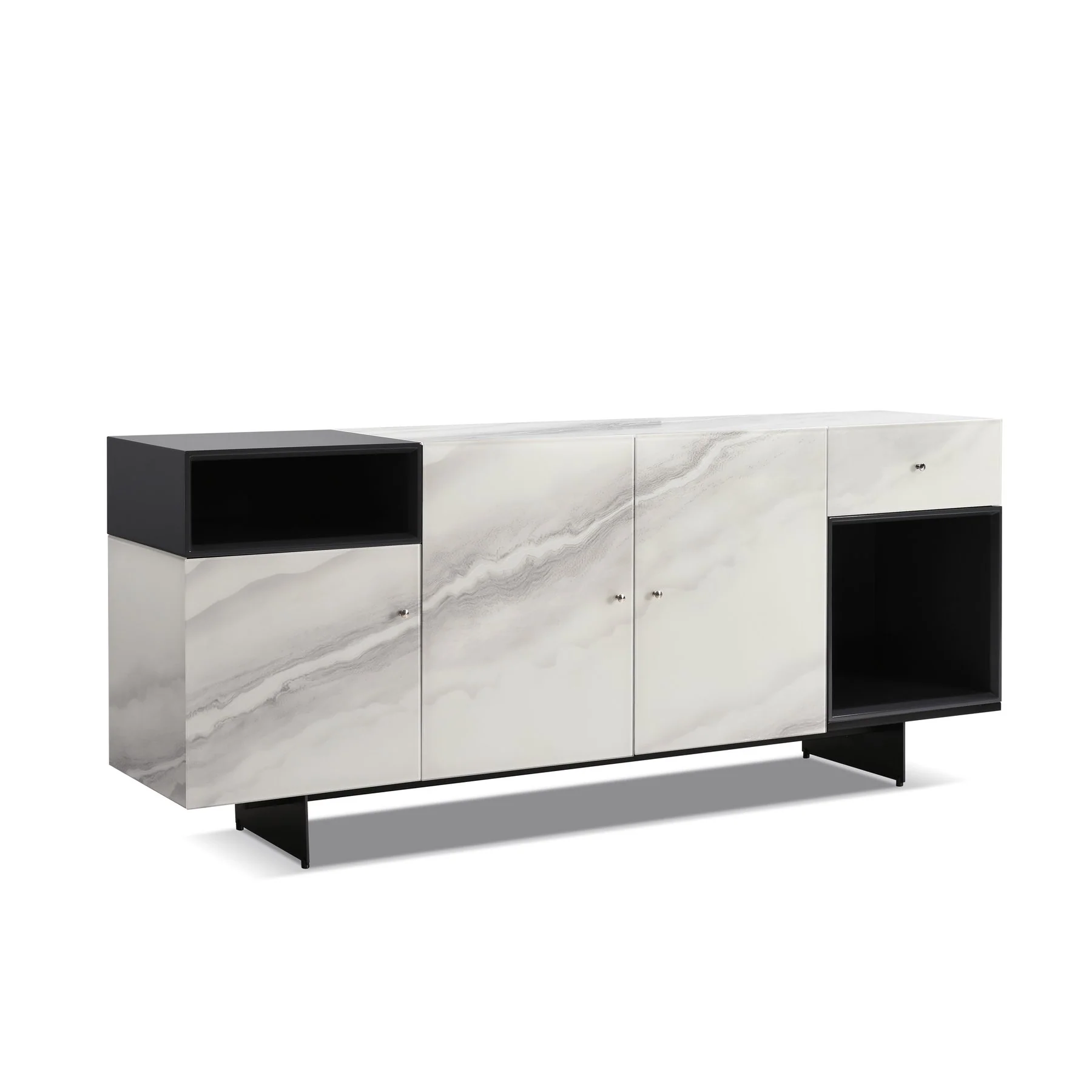 Olivia Modern 8-Piece Dining Set with Tempered Glass Table, Gray Upholstered Armchairs, and 3-Door Sideboard - Image 8