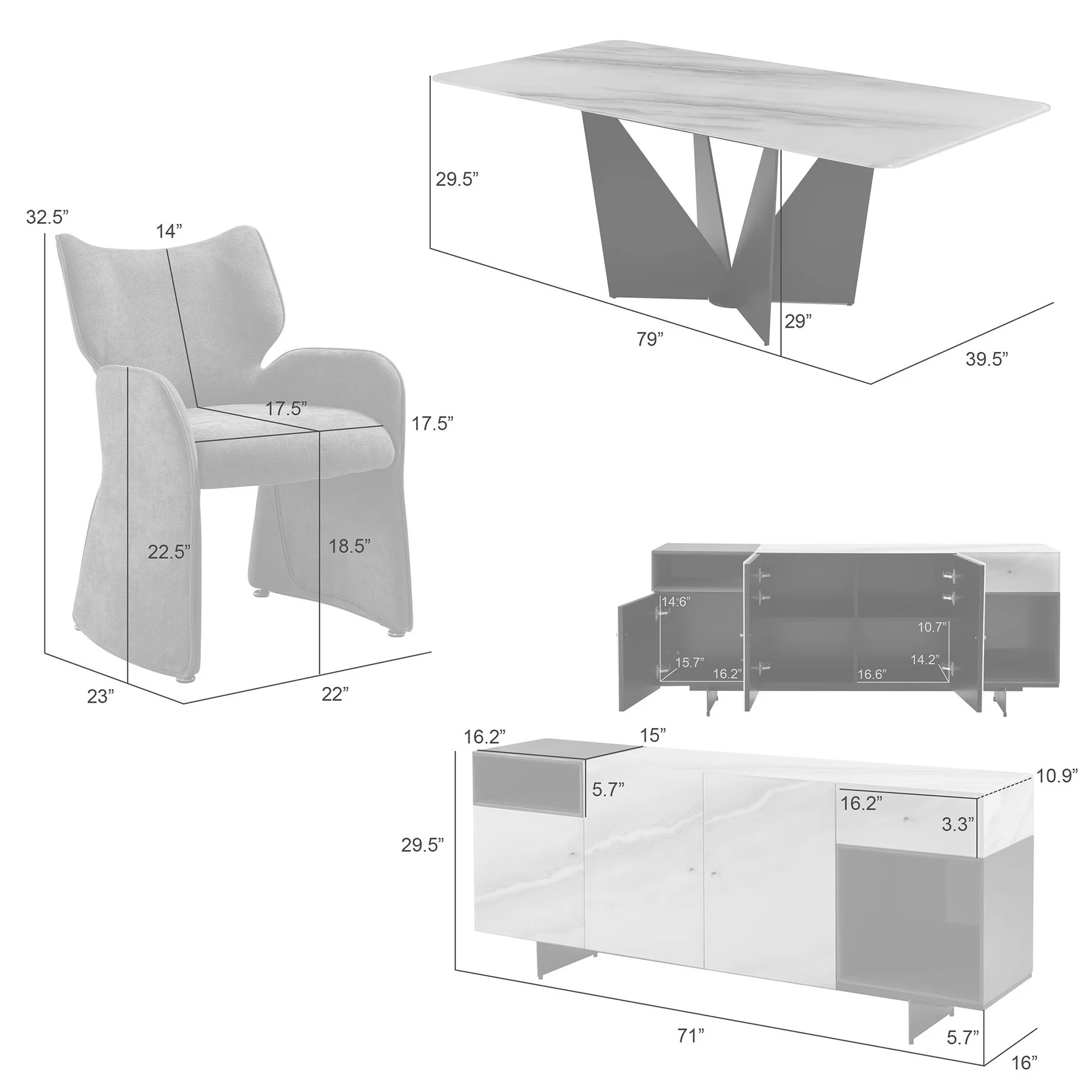 Olivia Modern 8-Piece Dining Set with Tempered Glass Table, Plum Upholstered Armchairs, and 3-Door Sideboard - Image 12