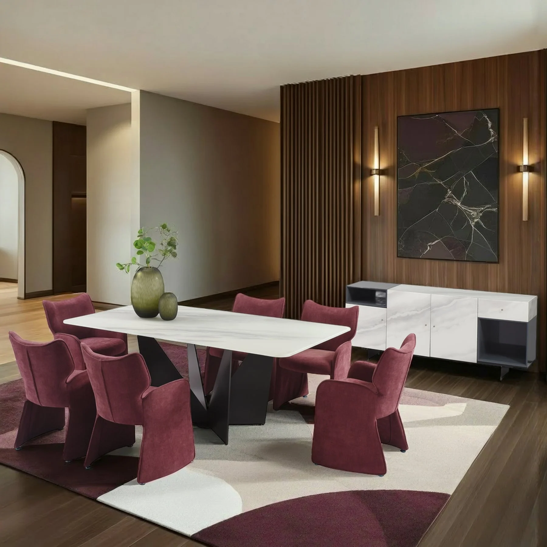 Olivia Modern 8-Piece Dining Set with Tempered Glass Table, Plum Upholstered Armchairs, and 3-Door Sideboard - Image 13