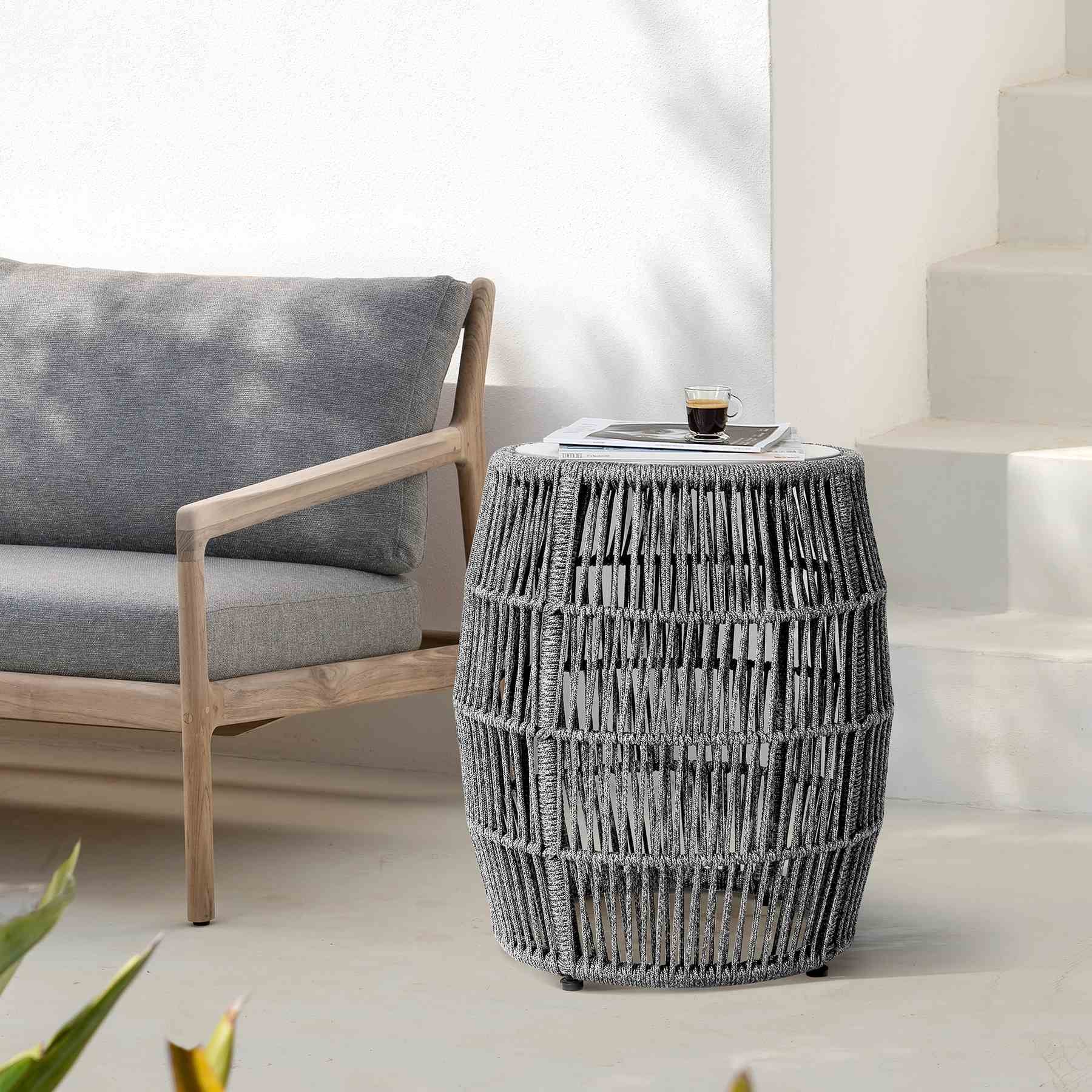 Opus Indoor Outdoor Garden Stool End Table in Gray Rope and Gray Superstone - Image 7