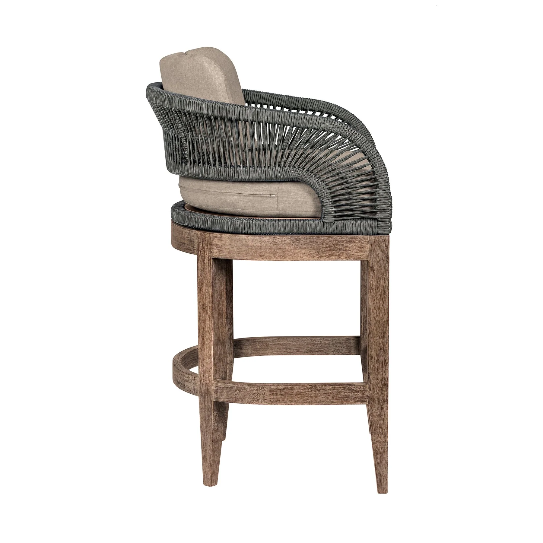 Orbit Outdoor Patio 30" Bar Stool in Weathered Eucalyptus Wood with Gray Rope and Taupe Olefin Cushions - Image 3